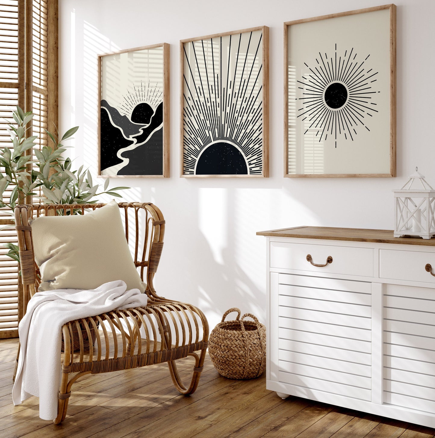 Set of 3 Black & Beige Boho Sunshine Wall Prints