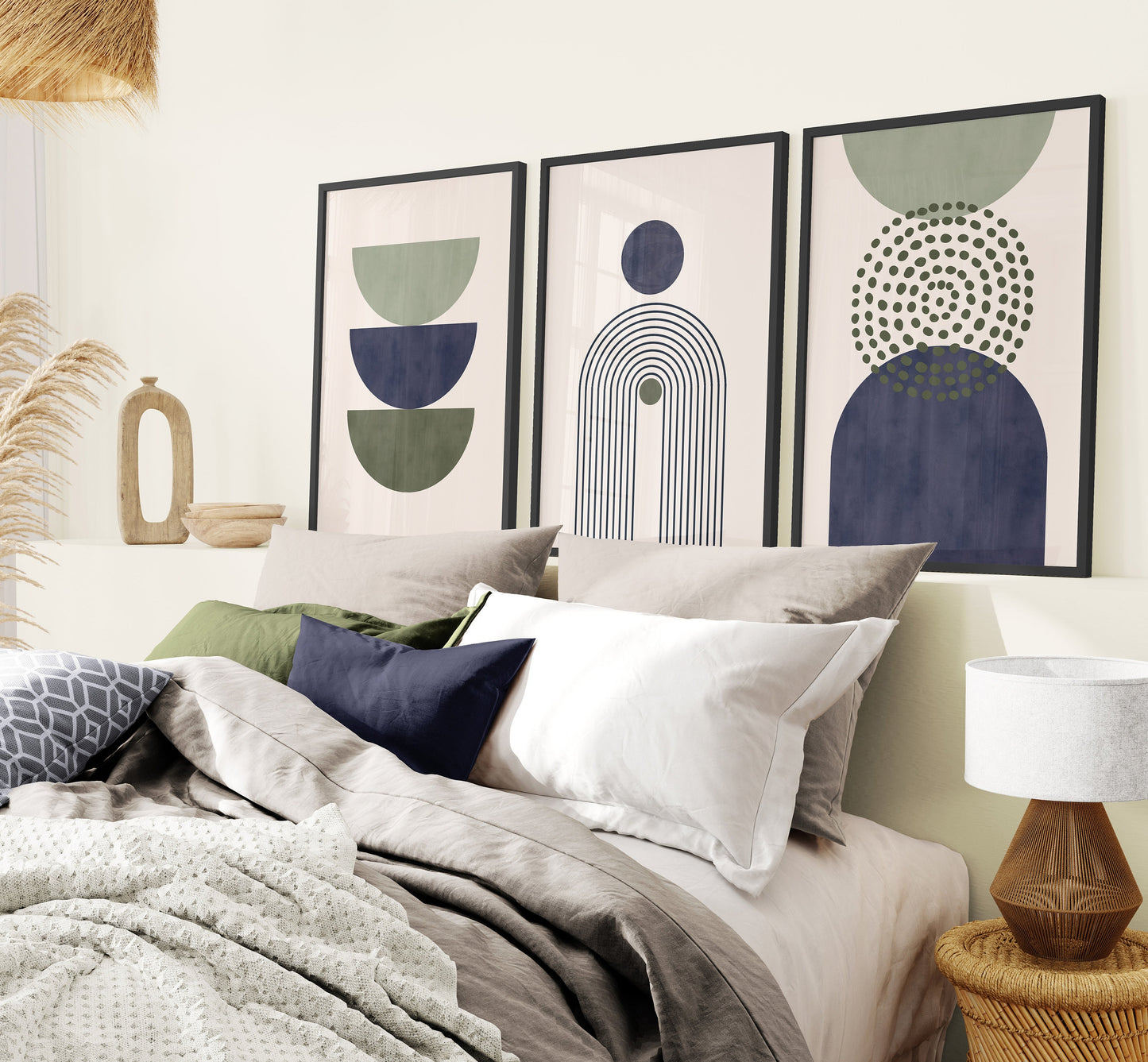 Set of 3 Green & Blue Boho Abstract Wall Art Prints