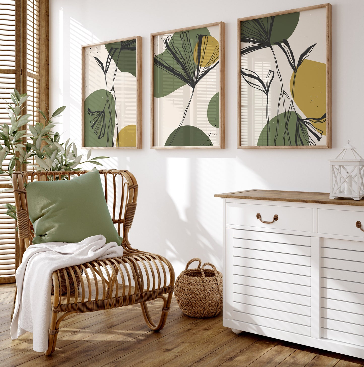 Set of 3 Green & Mustard Botanical Wall Art Prints