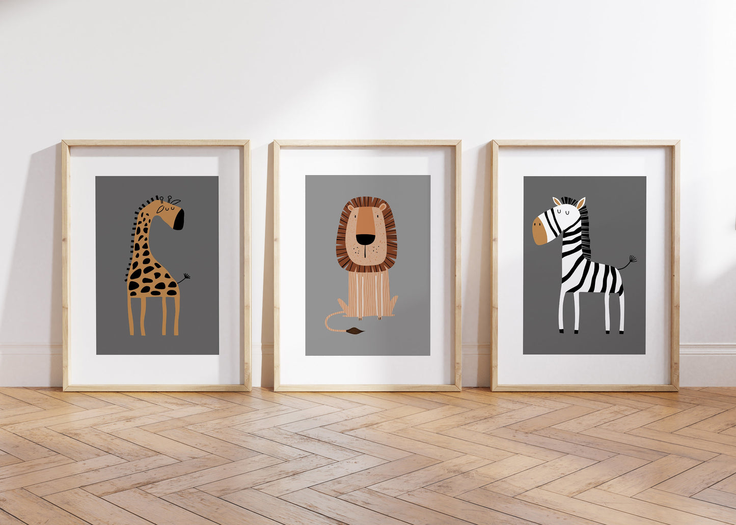 Set of 3 Grey Safari Animal Nursery Wall Art Prints