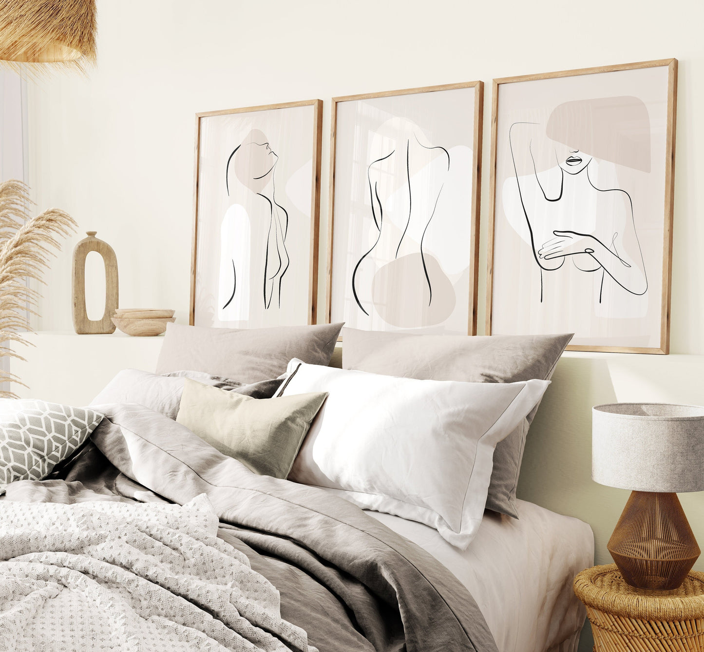 Set of 3 Neutral Abstract Bedroom Wall Prints