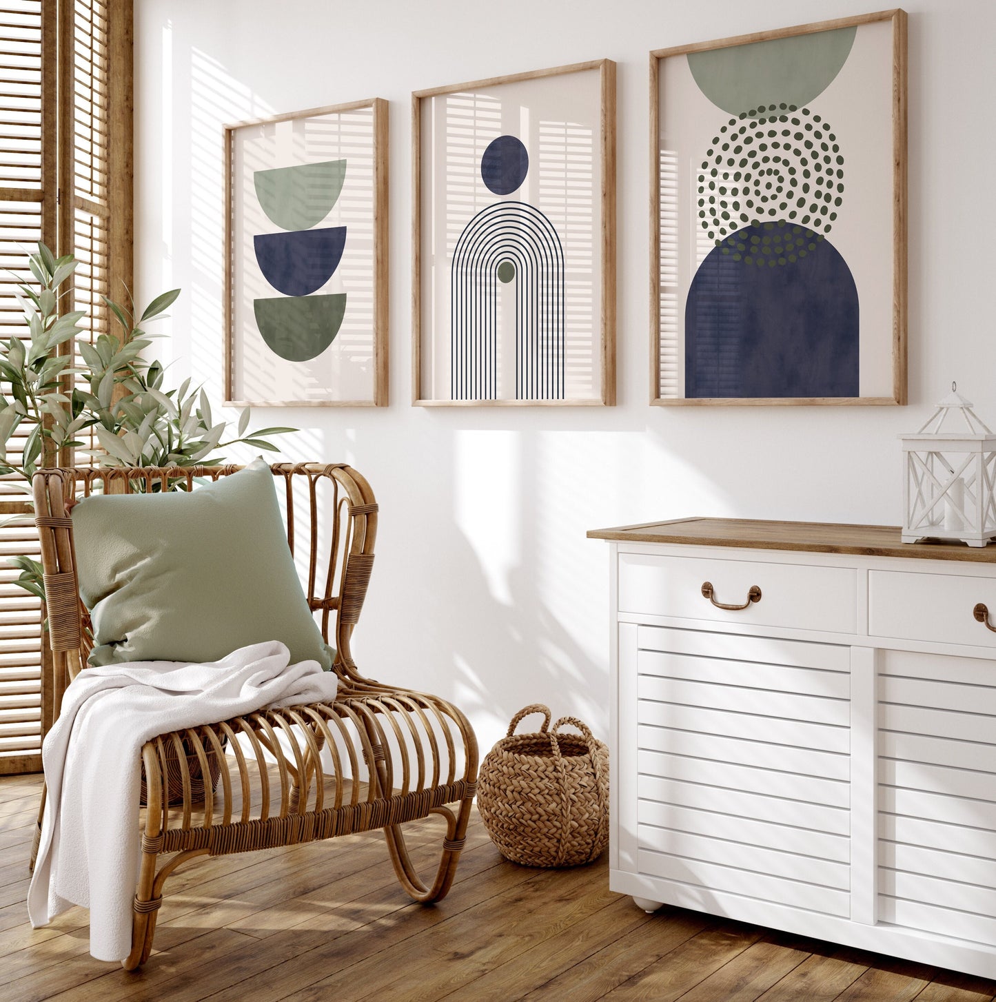 Set of 3 Green & Blue Boho Abstract Wall Art Prints