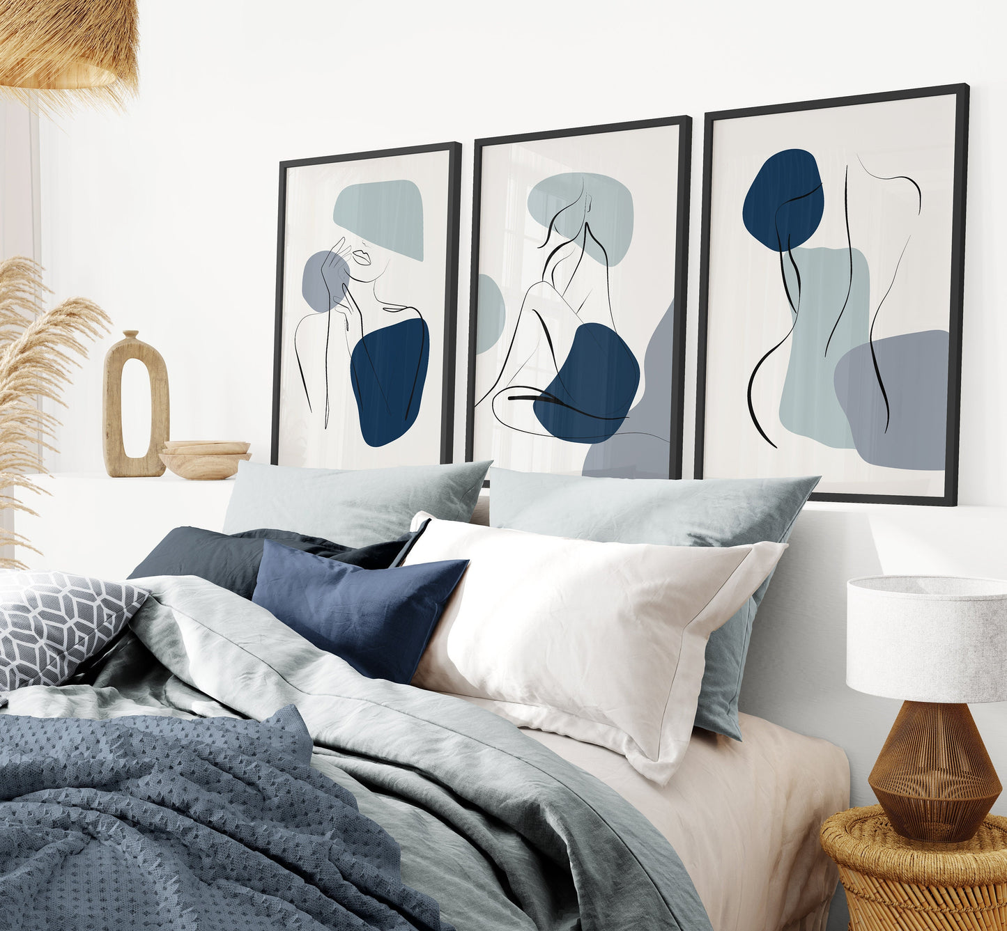 Set of 3 Navy Blue Abstract Wall Prints