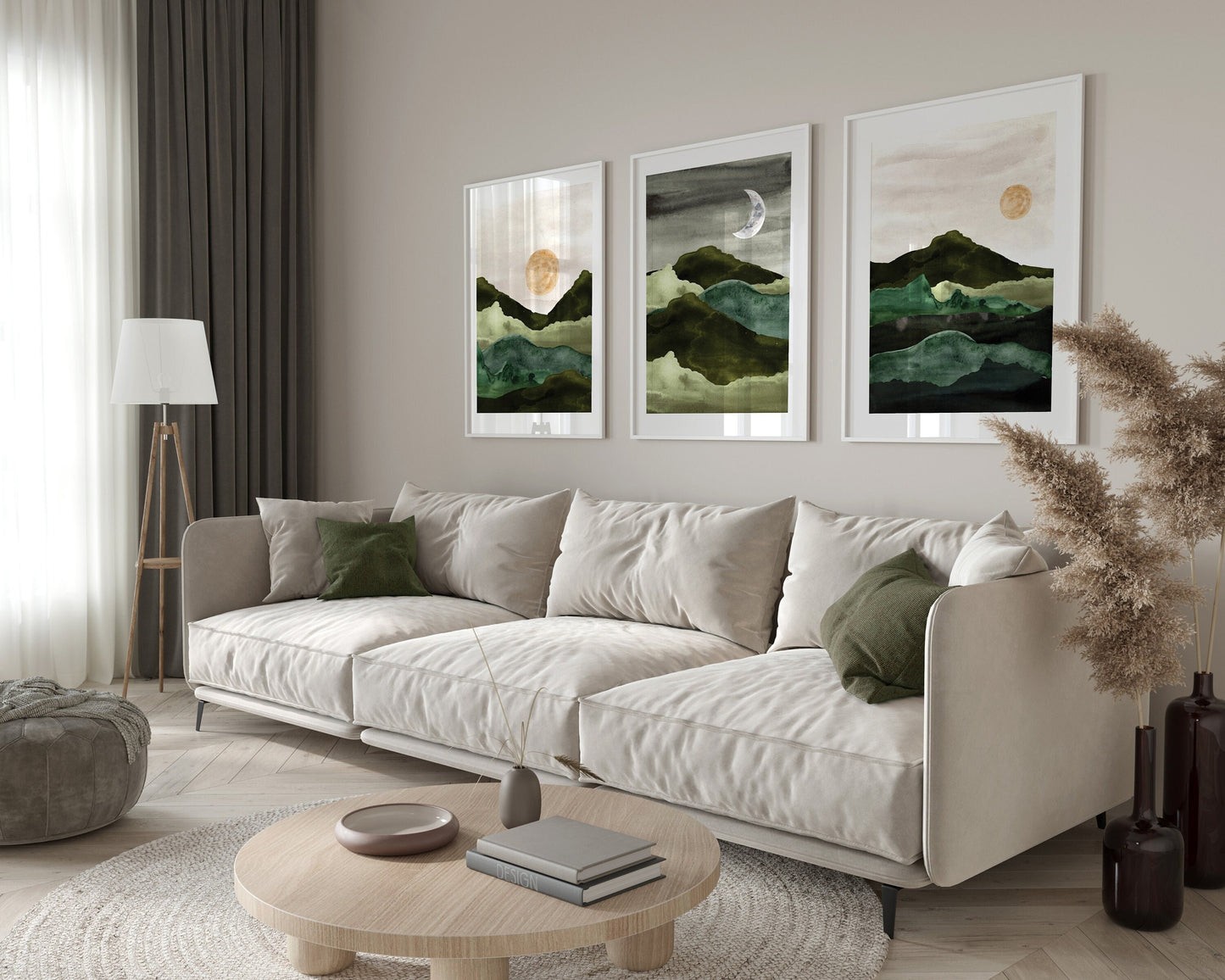 Set of 3 Green Watercolour Landscape Wall Art Prints