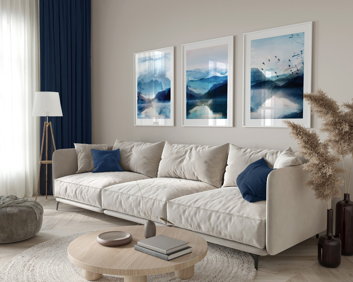 Set of 3 Vibrant Blue Watercolour Landscape Abstract Wall Art Prints