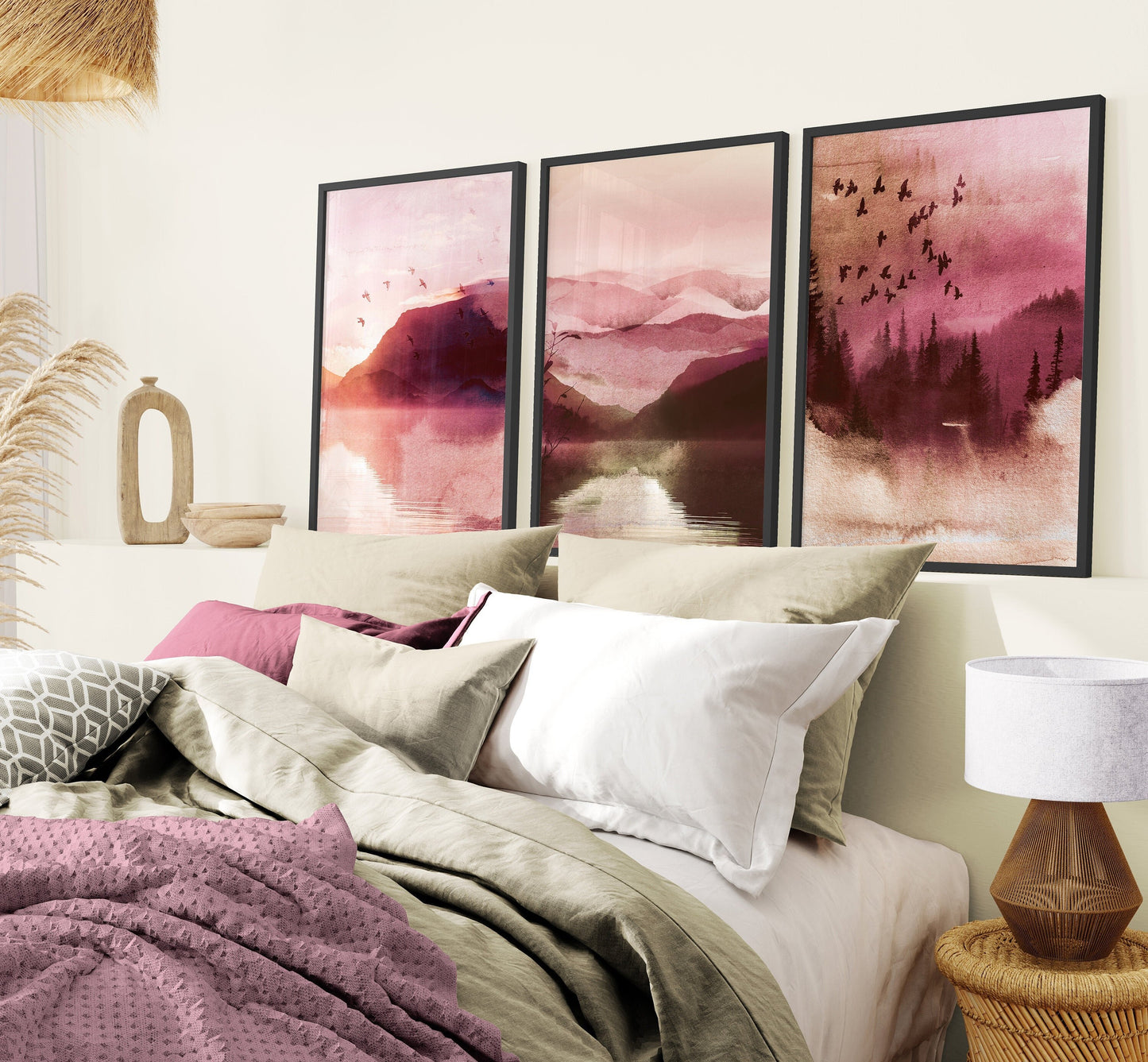 Set of 3 Pink Watercolour Landscape Wall Art Prints