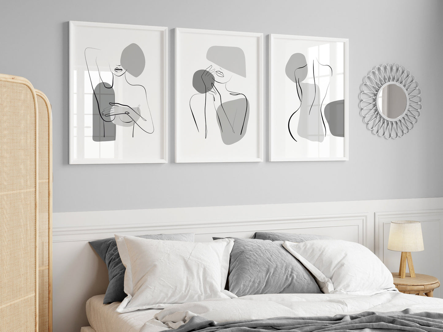 Set of 3 Grey Abstract Women Bedroom Wall Prints