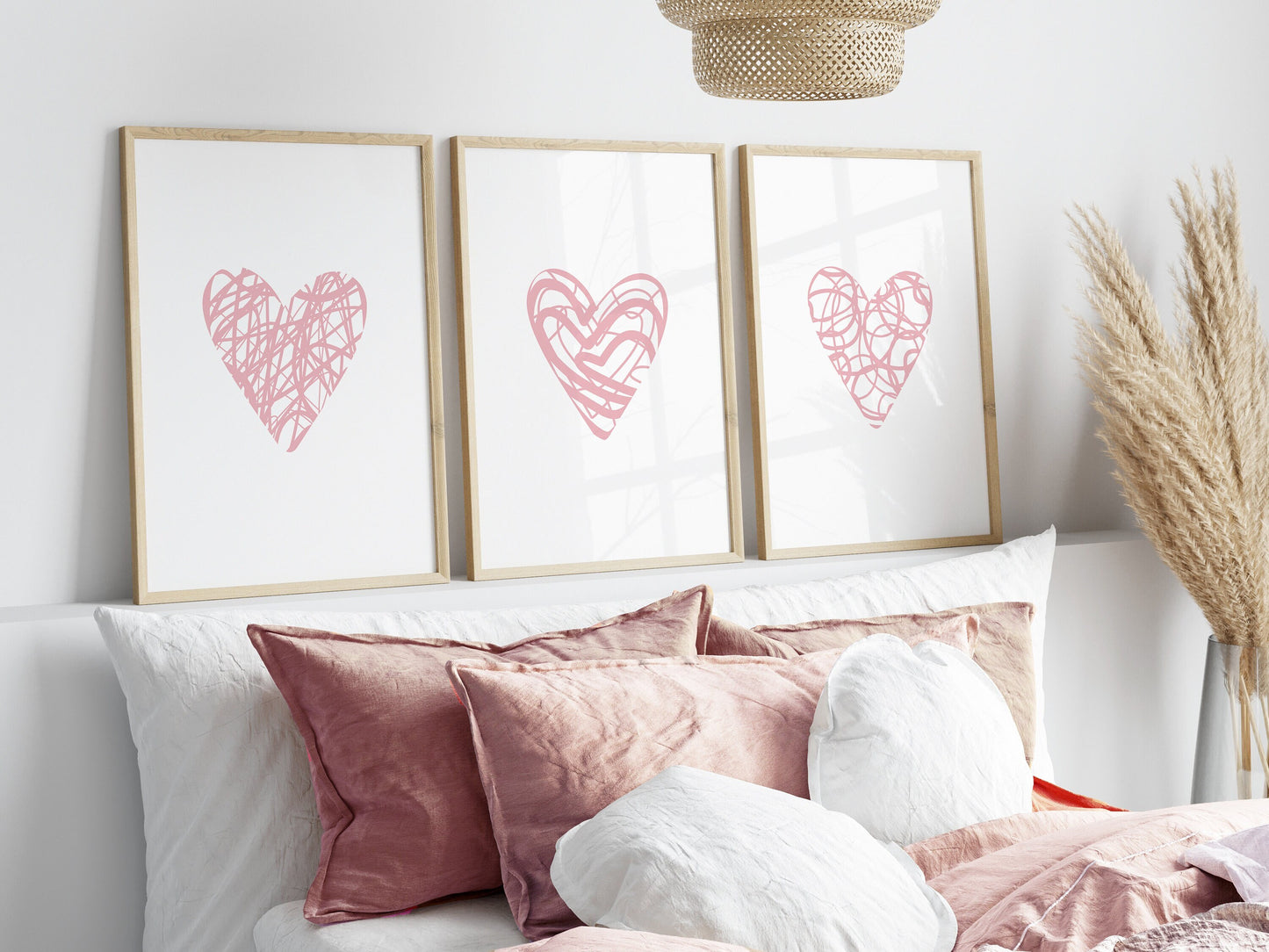 Set of 3 Pink Love Heart Bedroom Wall Prints