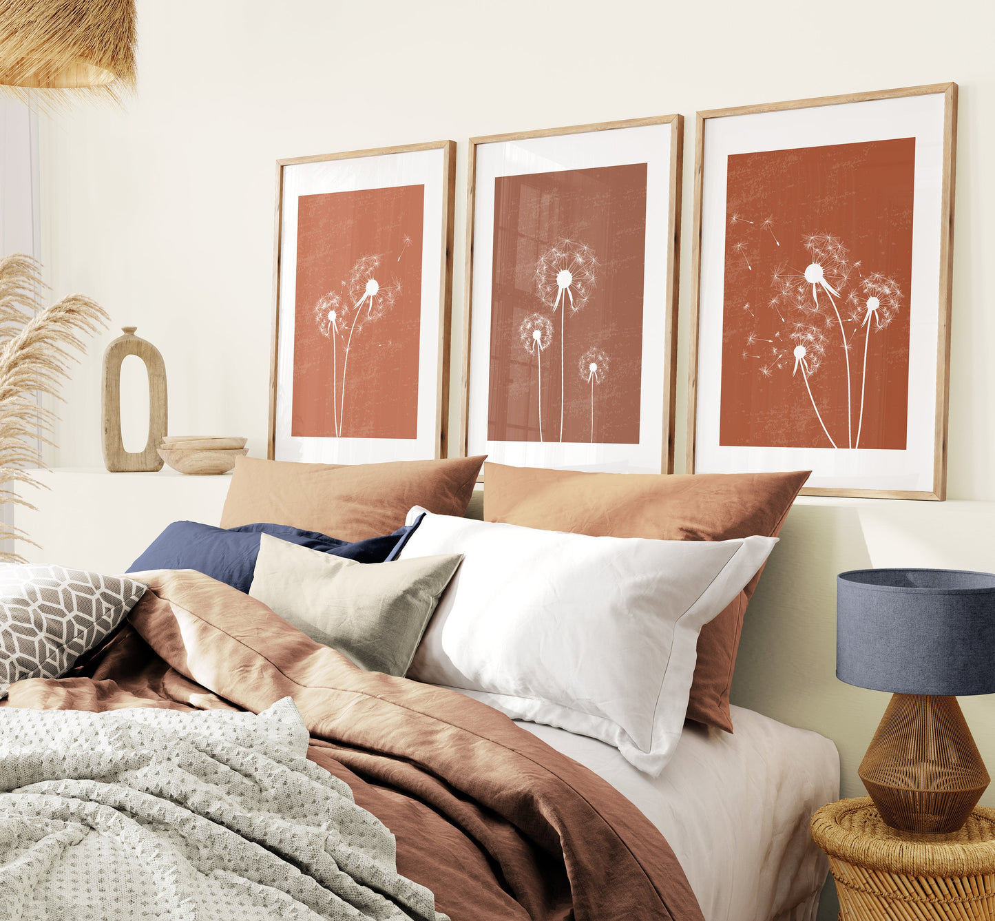 Set of 3 Terracotta Dandelion Wall Art Prints