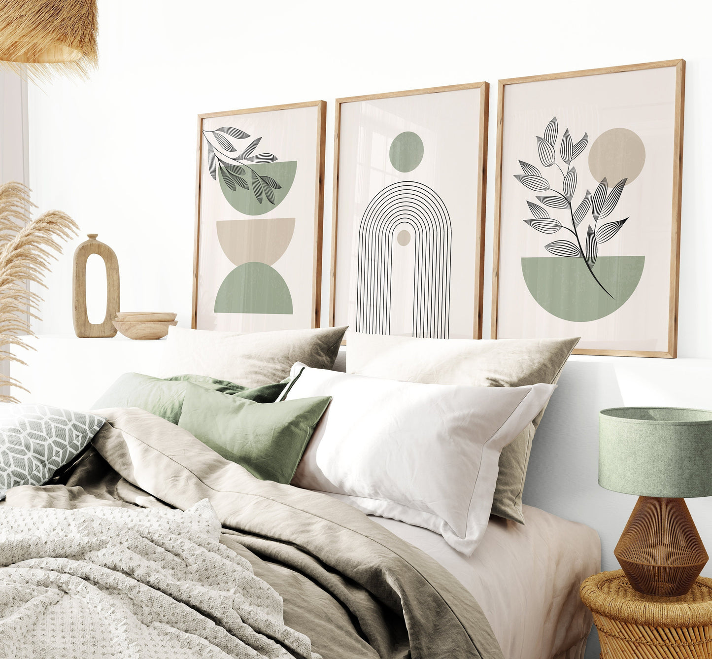 Set of 3 Sage Green Boho Wall Art Prints