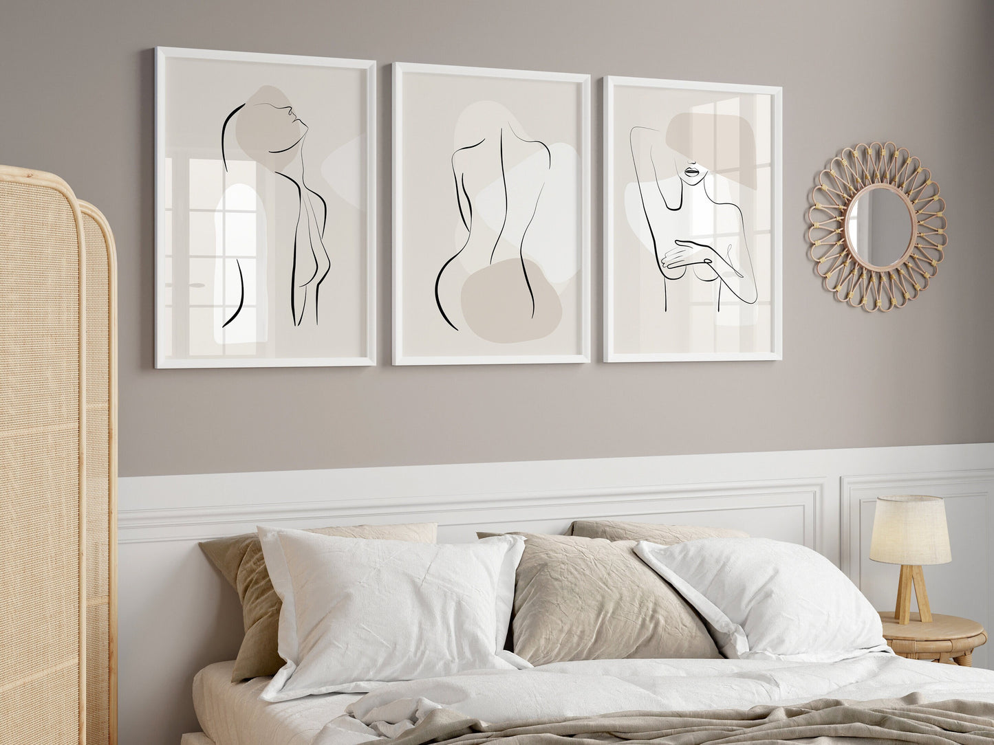 Set of 3 Neutral Abstract Bedroom Wall Prints