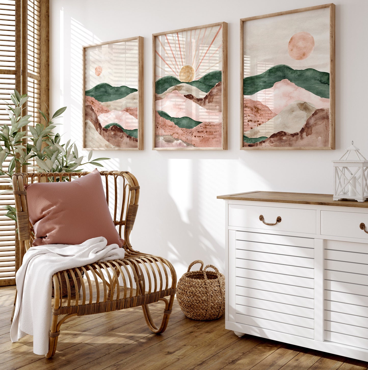 Pink and Green Watercolour Landscape Wall Prints