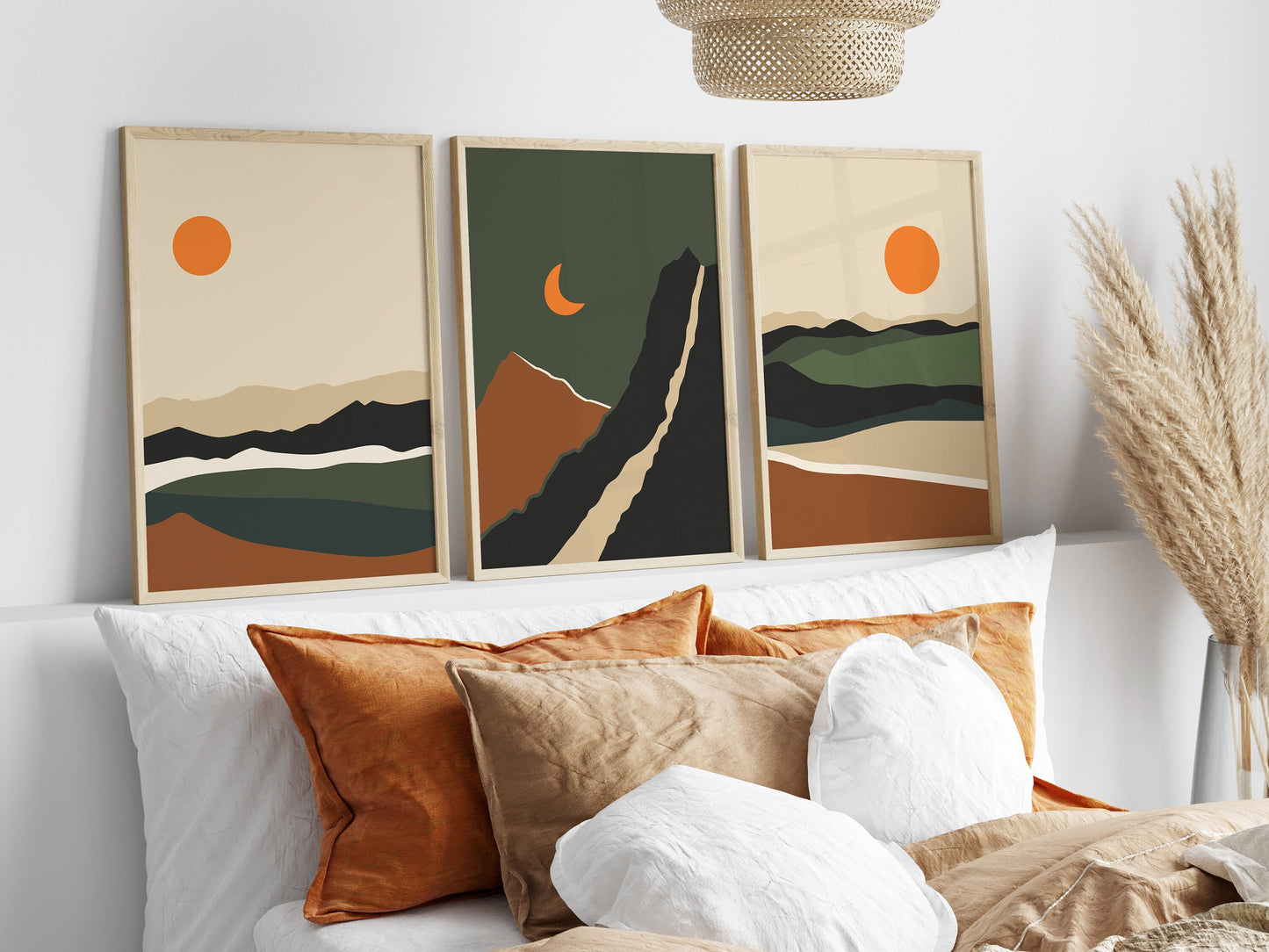 Set of 3 Green Boho Landscape Abstract Wall Prints