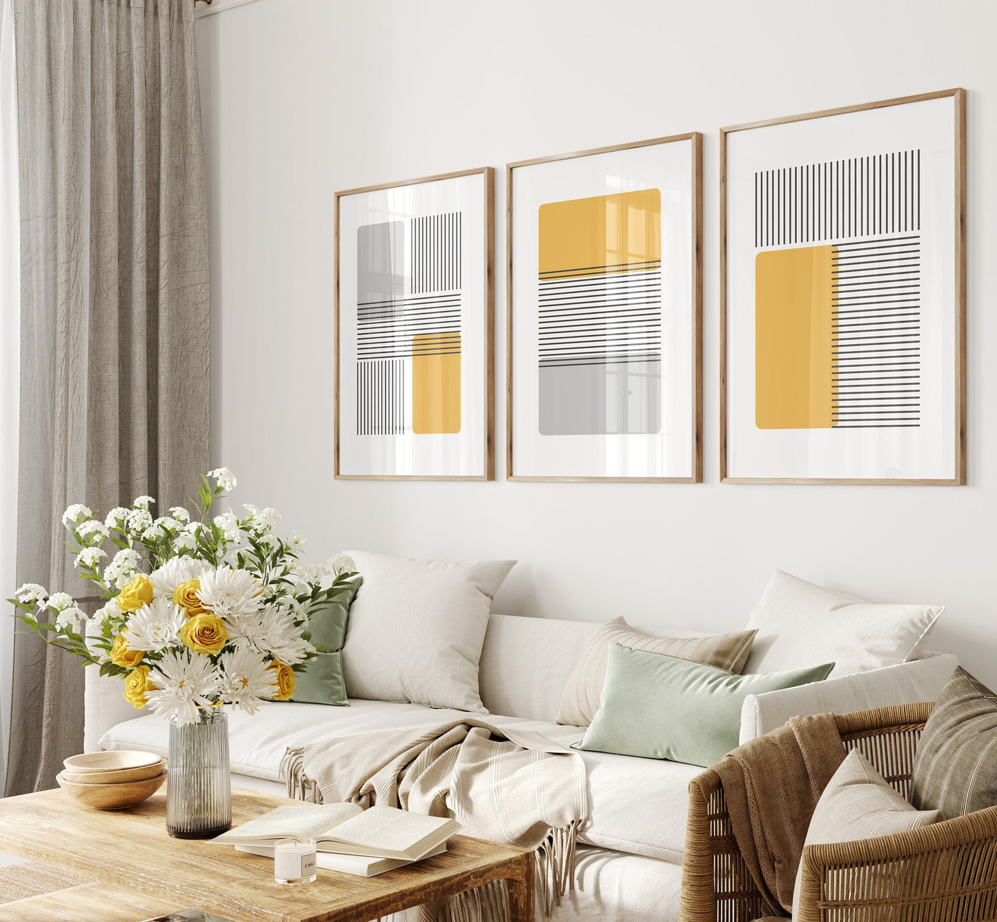 Set of 3 Ochre Abstract Wall Art Prints