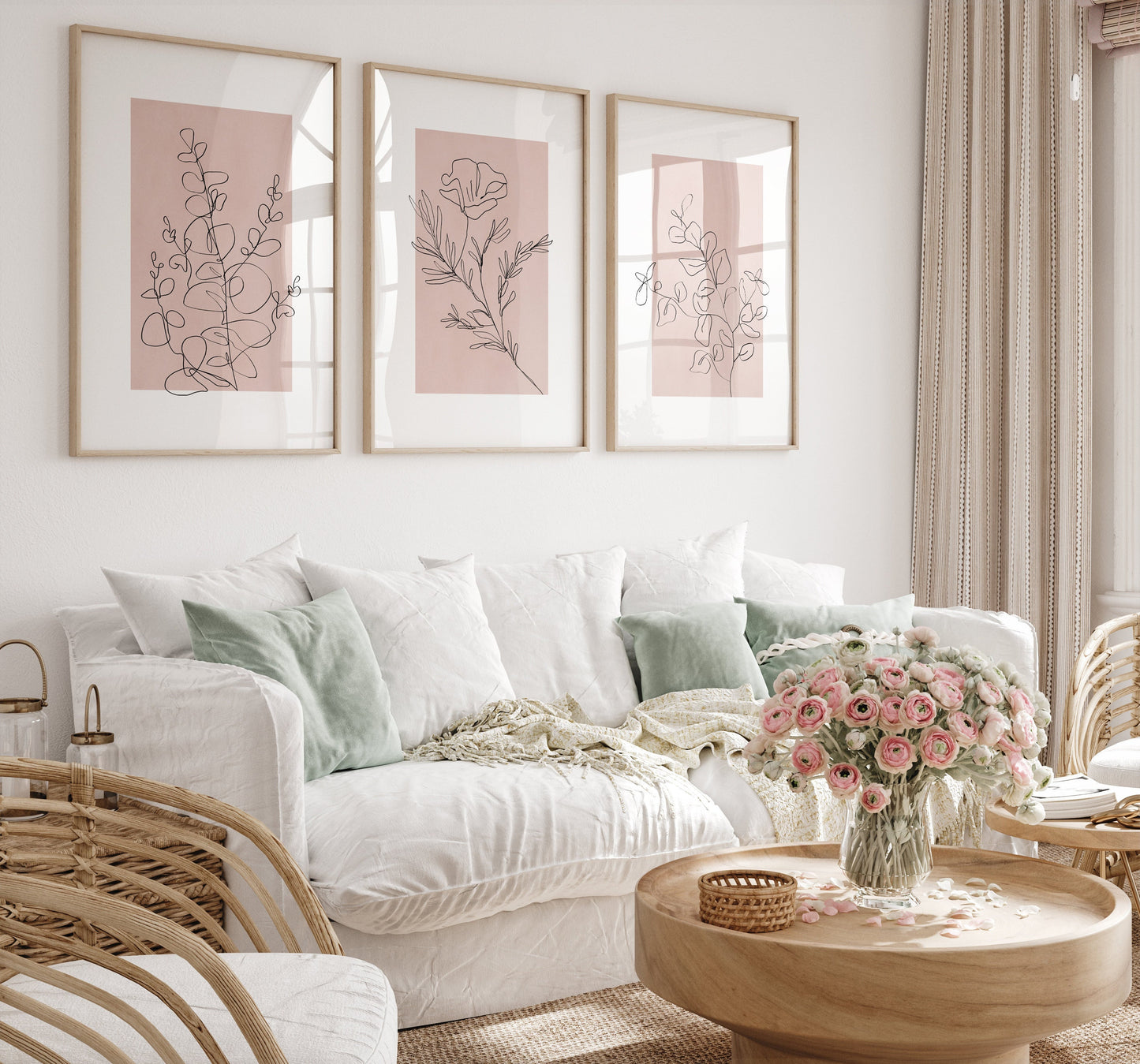 Set of 3 Pink Botanical Wall Art Prints