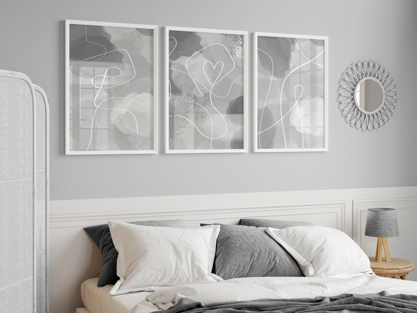 Set of 3 Grey & White Abstract Bedroom Wall Prints