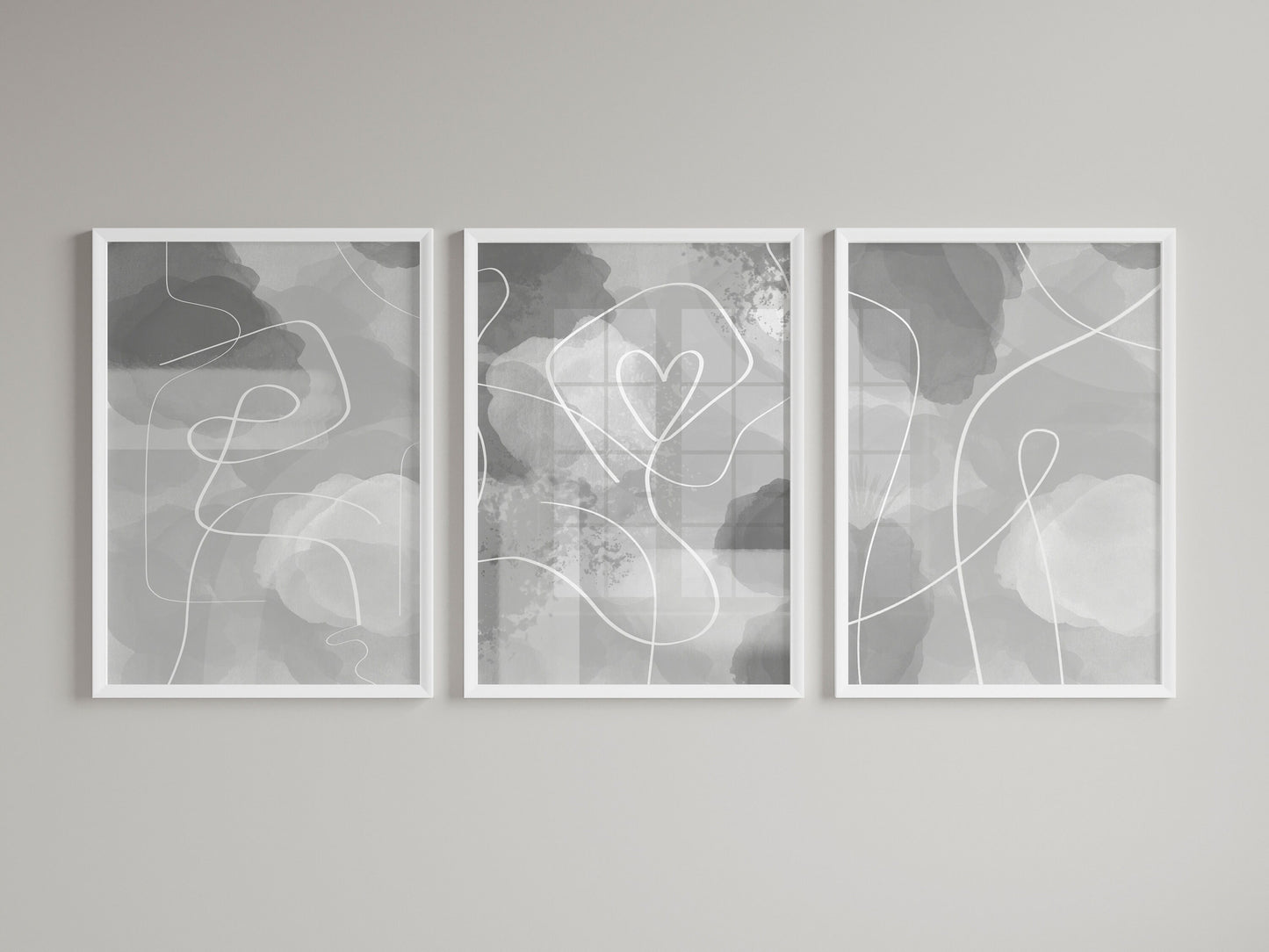 Set of 3 Grey & White Abstract Bedroom Wall Prints