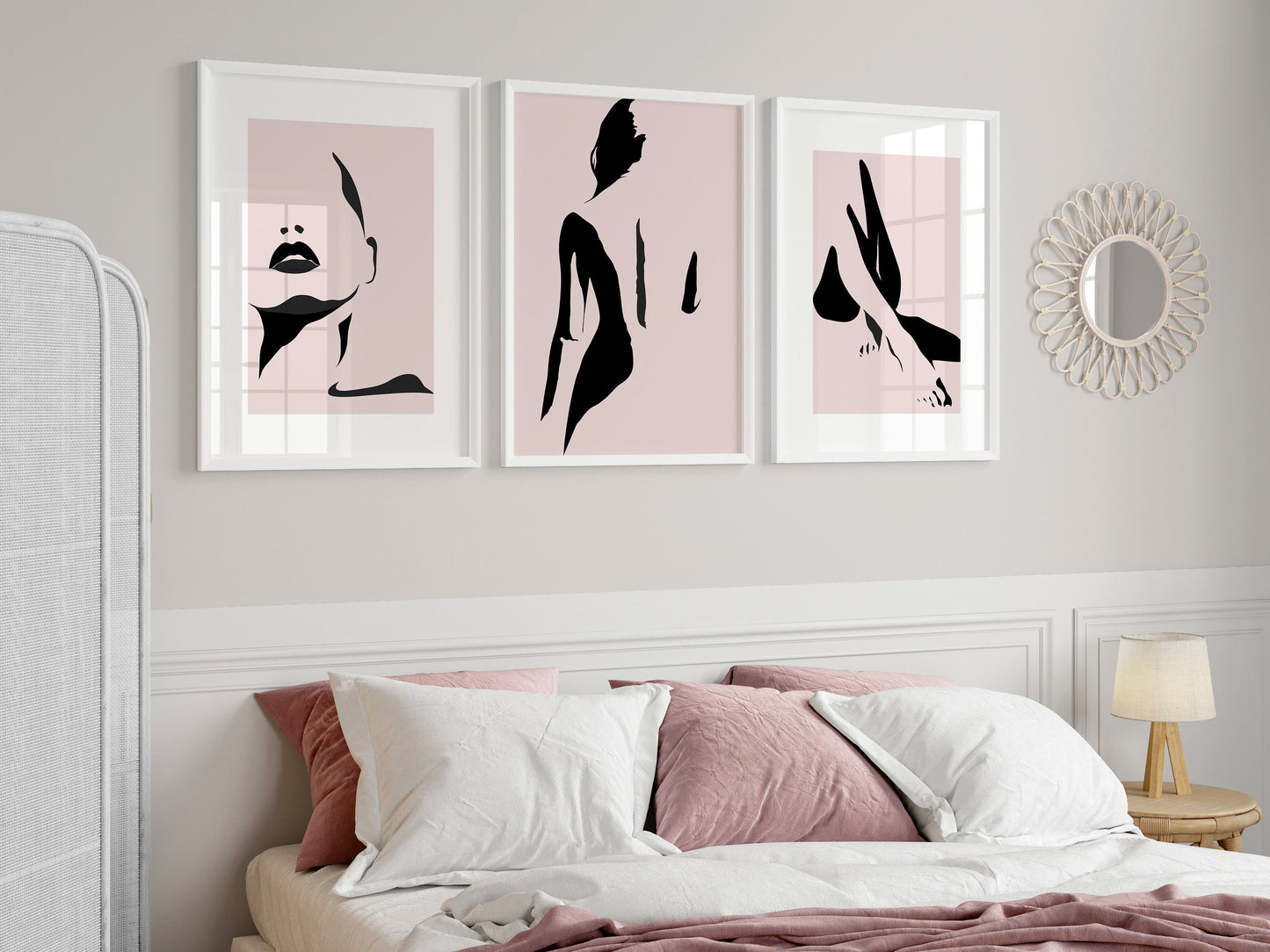 Set of 3 Pink Abstract Women Wall Art Prints
