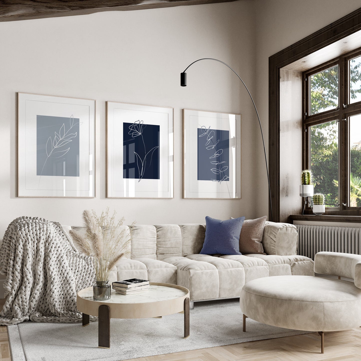Set of 3 Blue Botanical Line Art Wall Prints