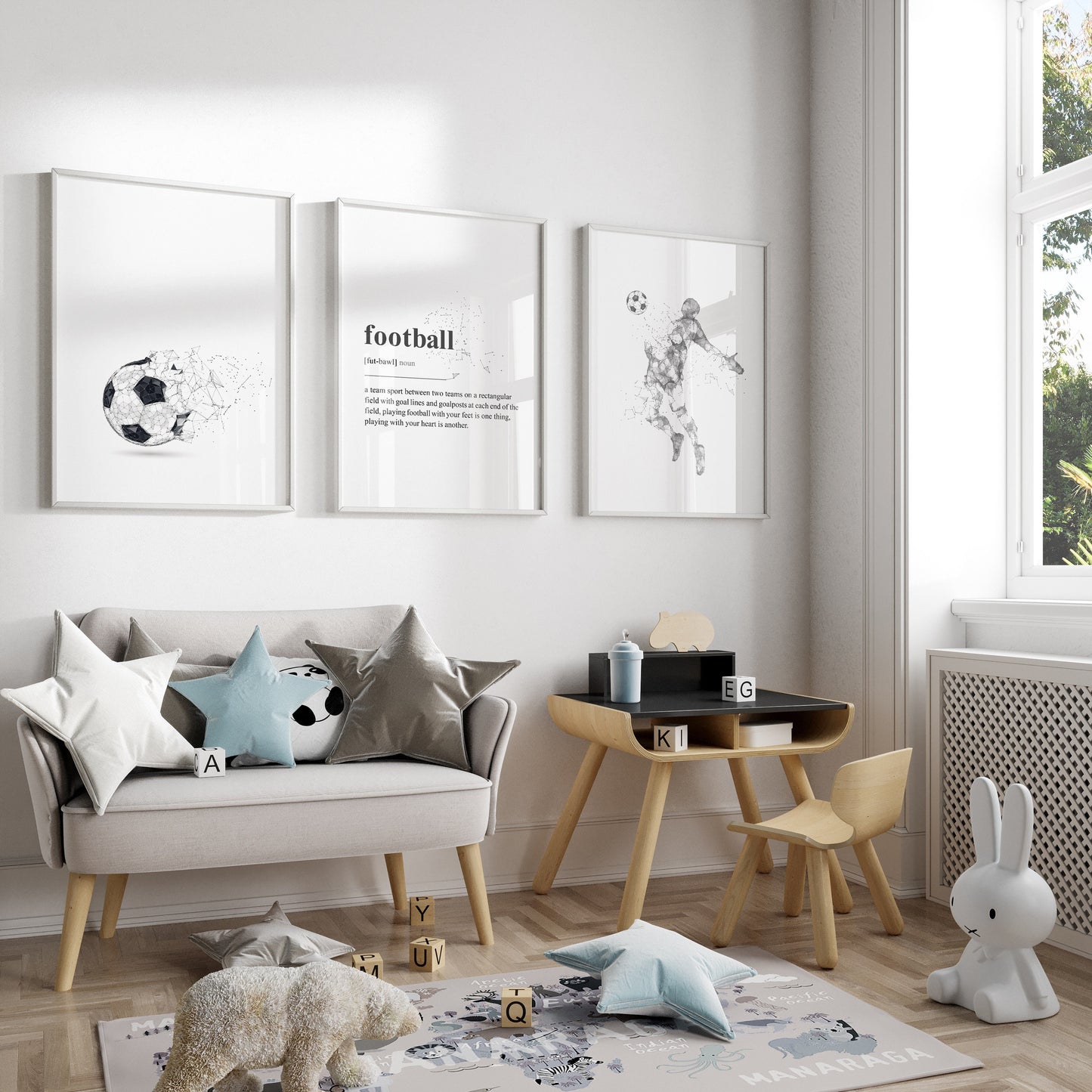 Set of 3 Black & Grey Abstract Football Wall Art Prints
