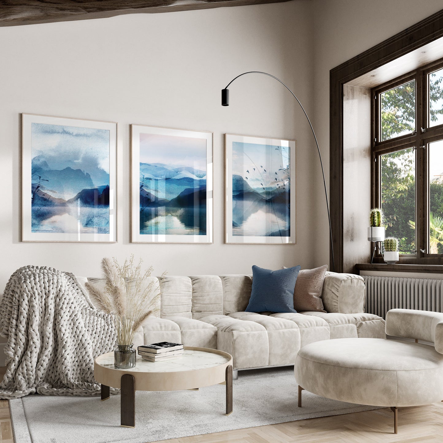 Set of 3 Vibrant Blue Watercolour Landscape Abstract Wall Art Prints