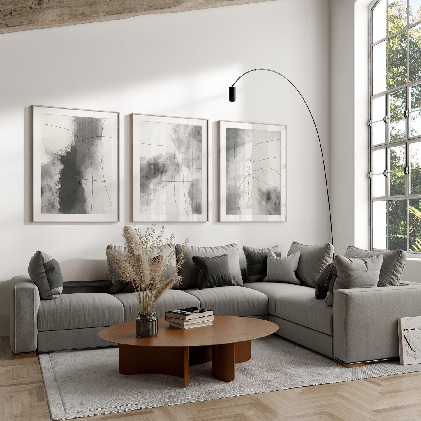 Set of 3 Modern Grey Abstract Wall Art