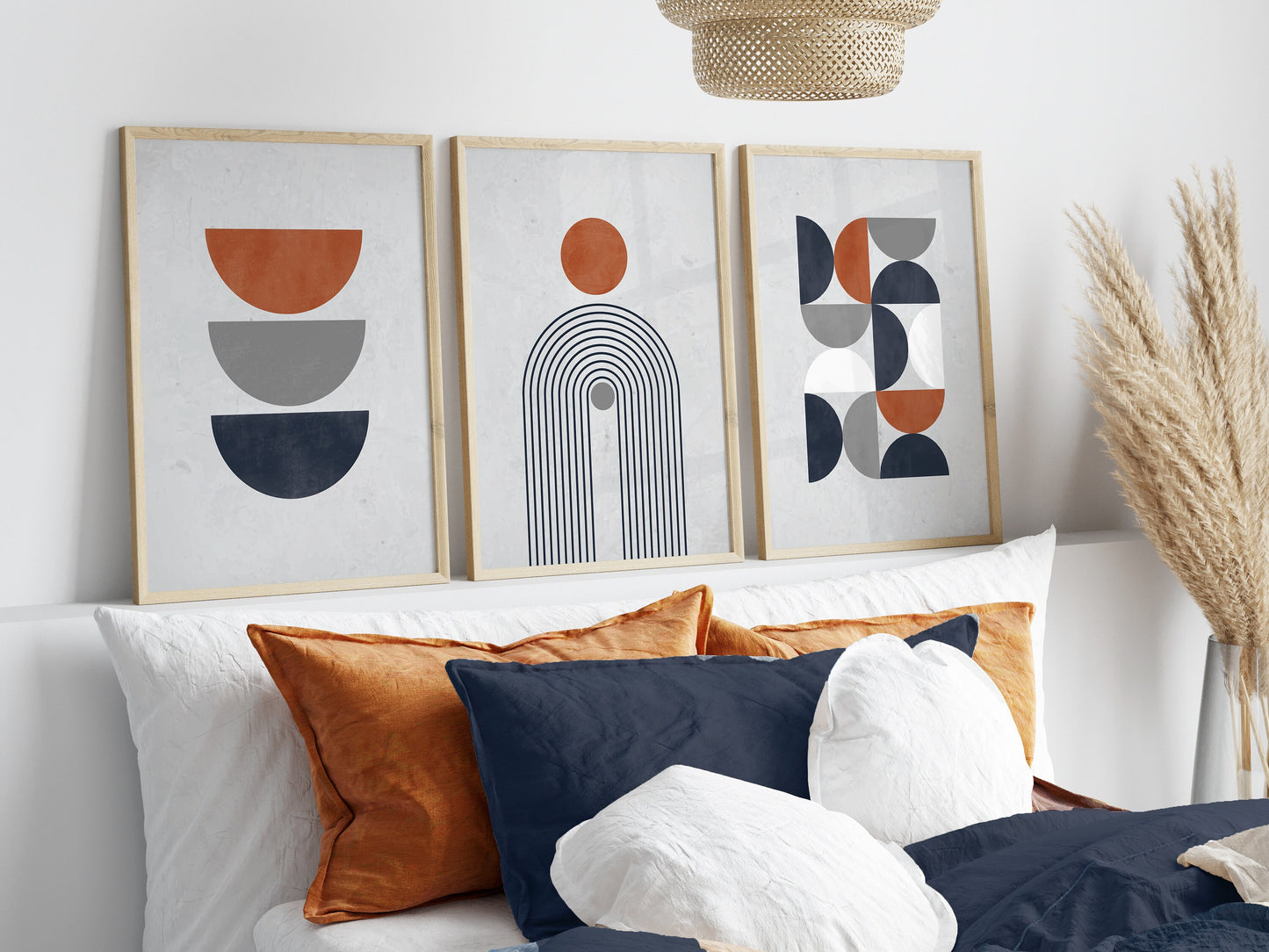 Set of 3 Blue Grey & Rust Boho Wall Art Prints