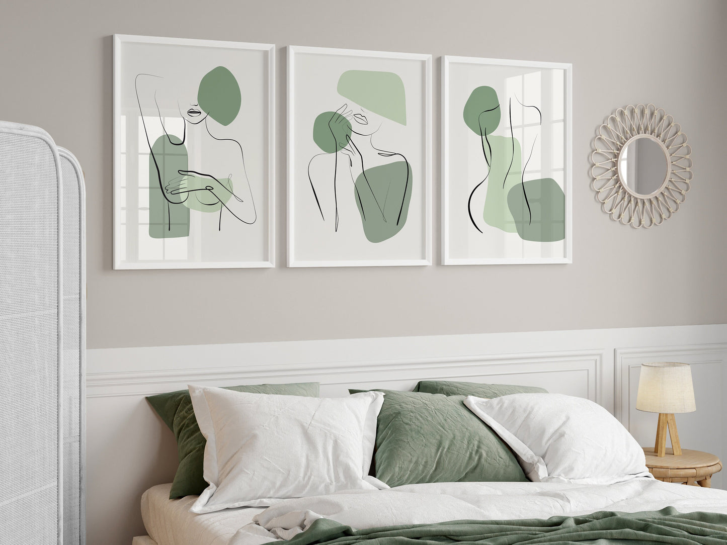 Set of 3 Green Line Art Women Wall Prints