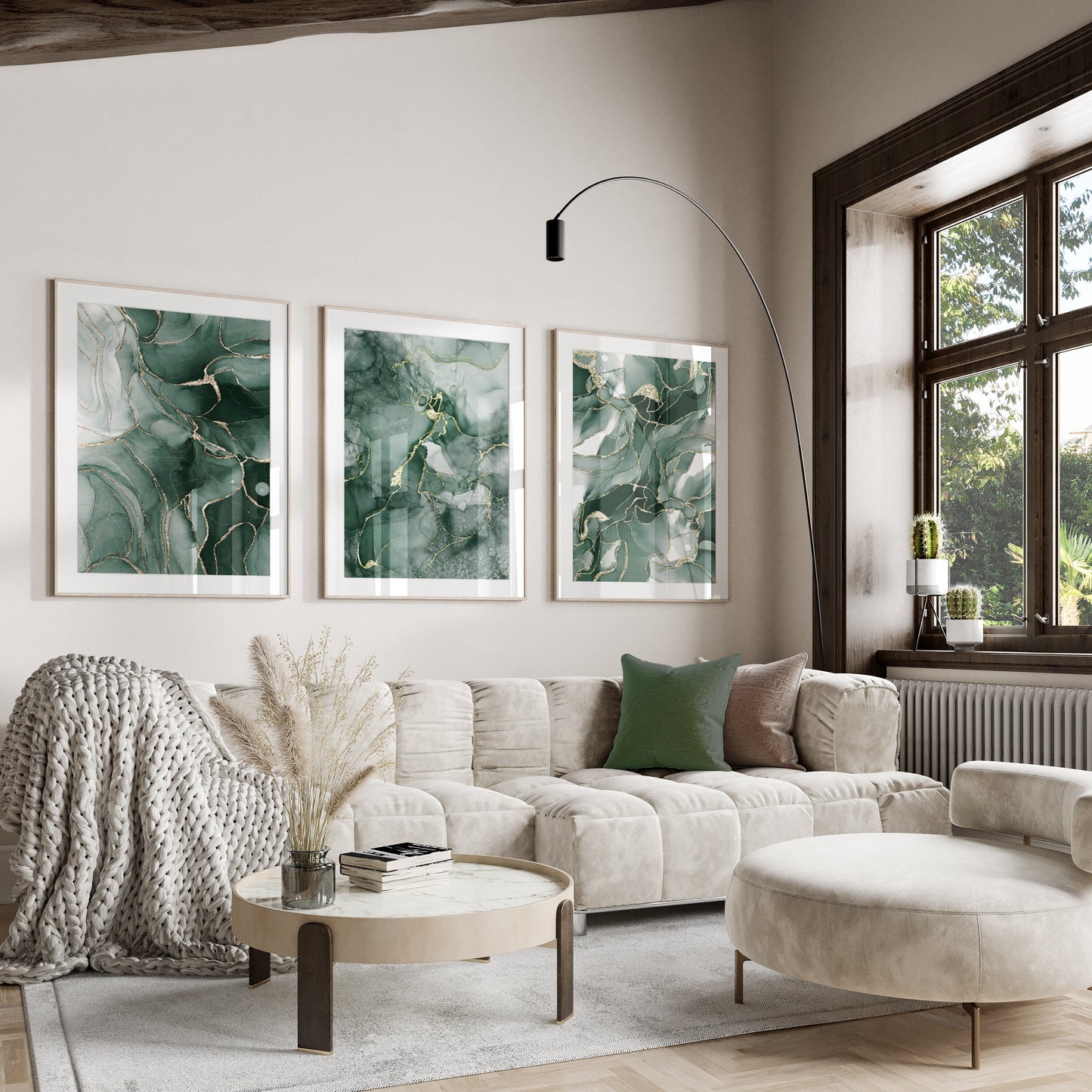 Set of 3 Green & Gold Marble Wall Art Prints