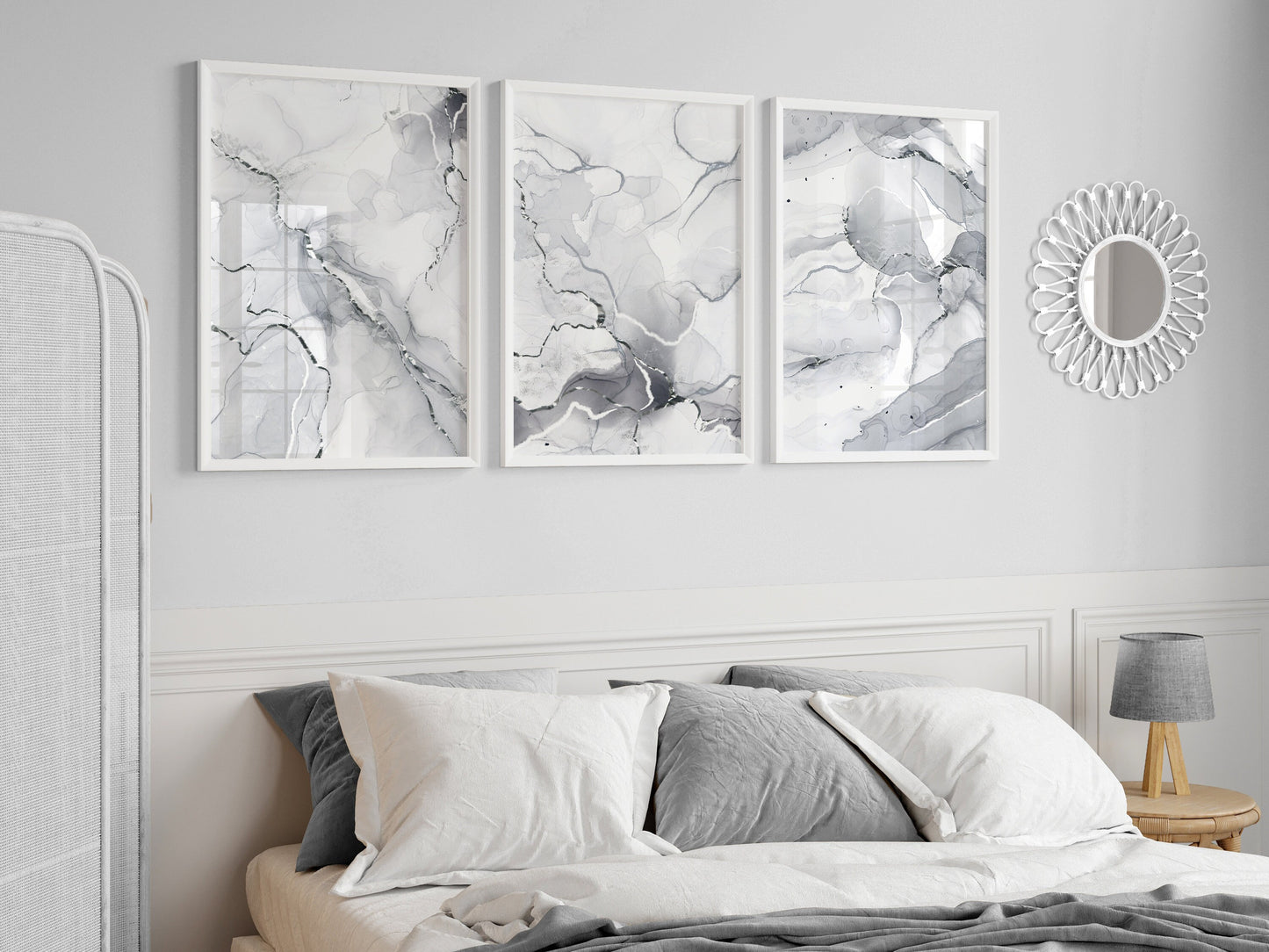 Set of 3 Grey & Silver Marble Wall Art Prints