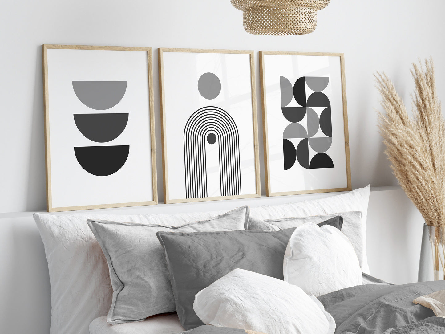 Set of 3 Grey & White Boho Wall Art Prints
