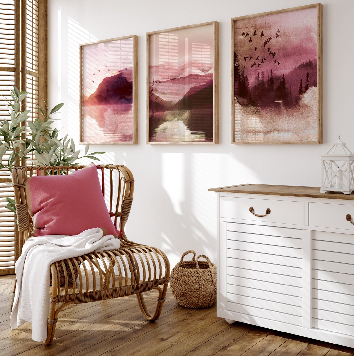 Set of 3 Pink Watercolour Landscape Wall Art Prints