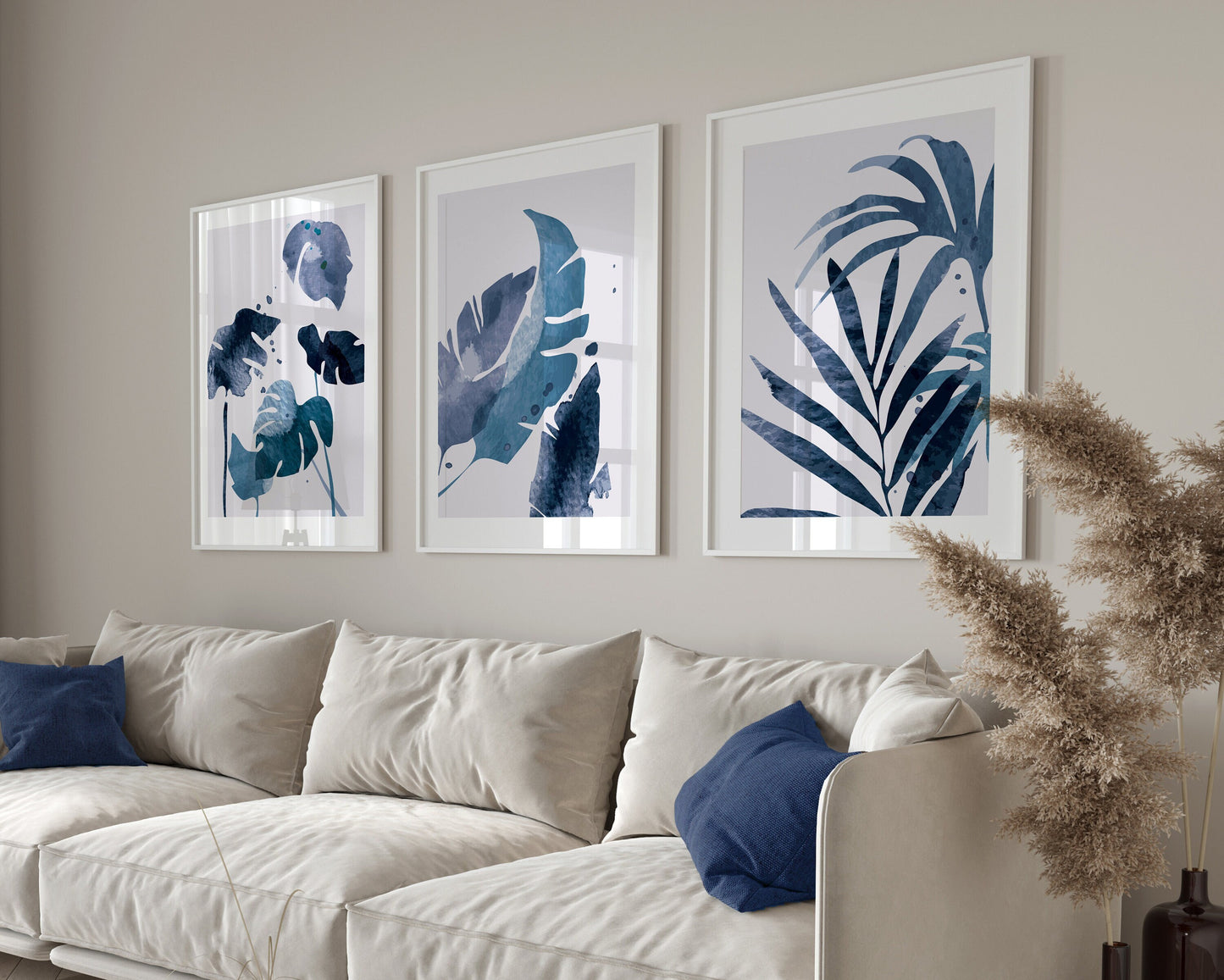 Set of 3 Blue Leaf Abstract Wall Prints