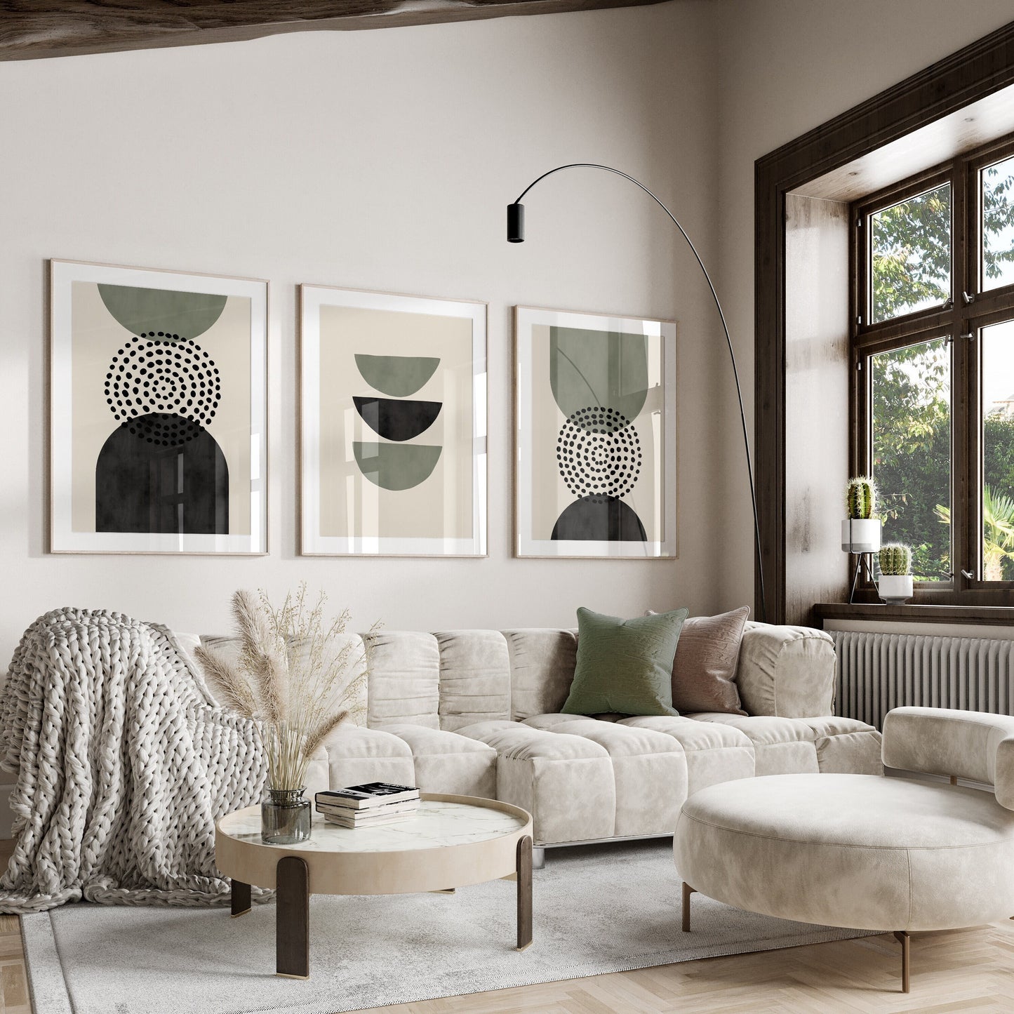Set of 3 Green & Black Modern Mid Century Wall Prints