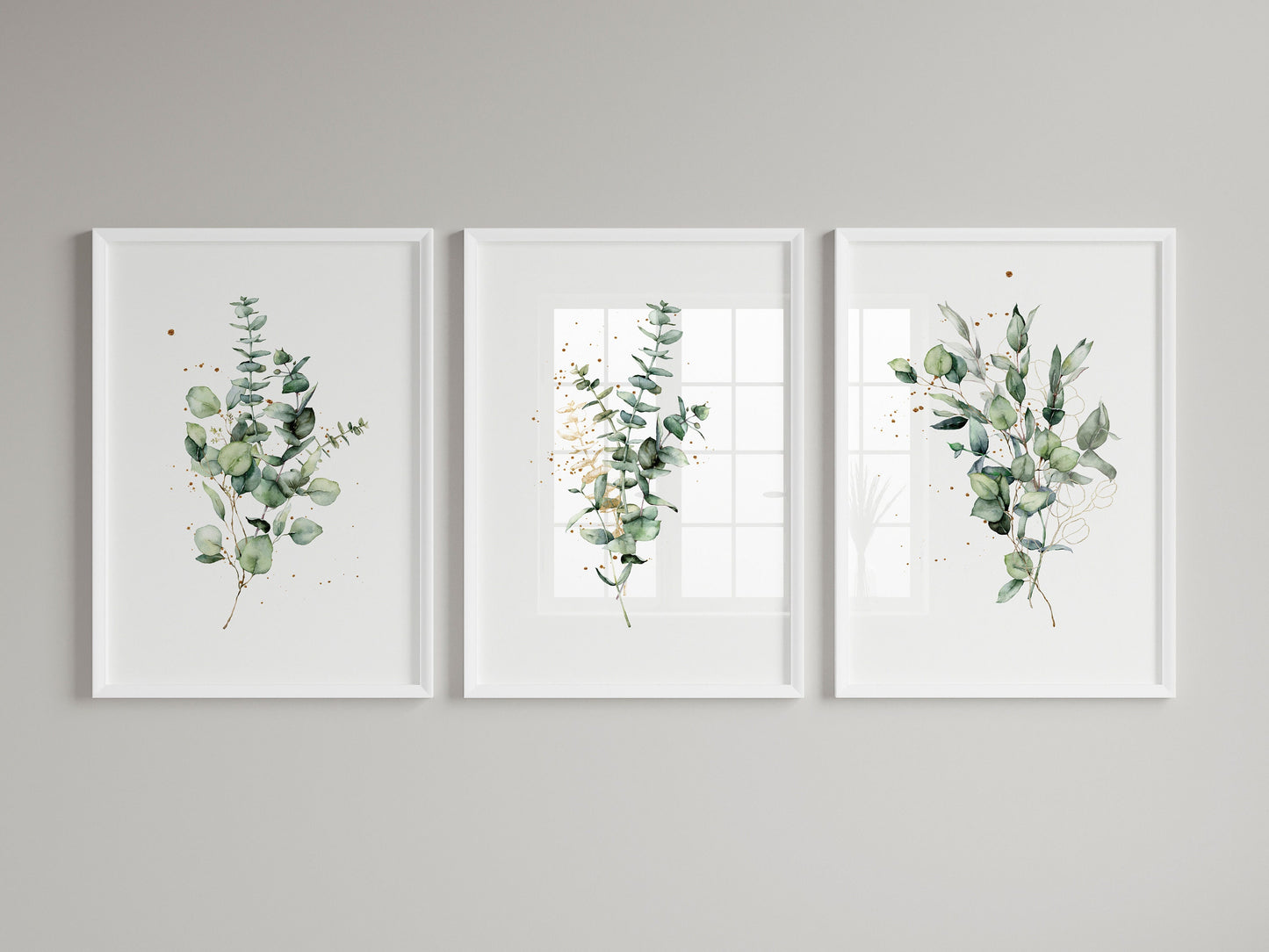 Set of 3 Eucalyptus Green & Gold Wall Prints