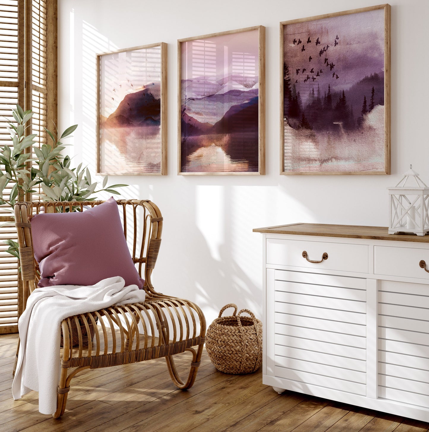 Set of 3 Pink & Purple Landscape Wall Art Prints