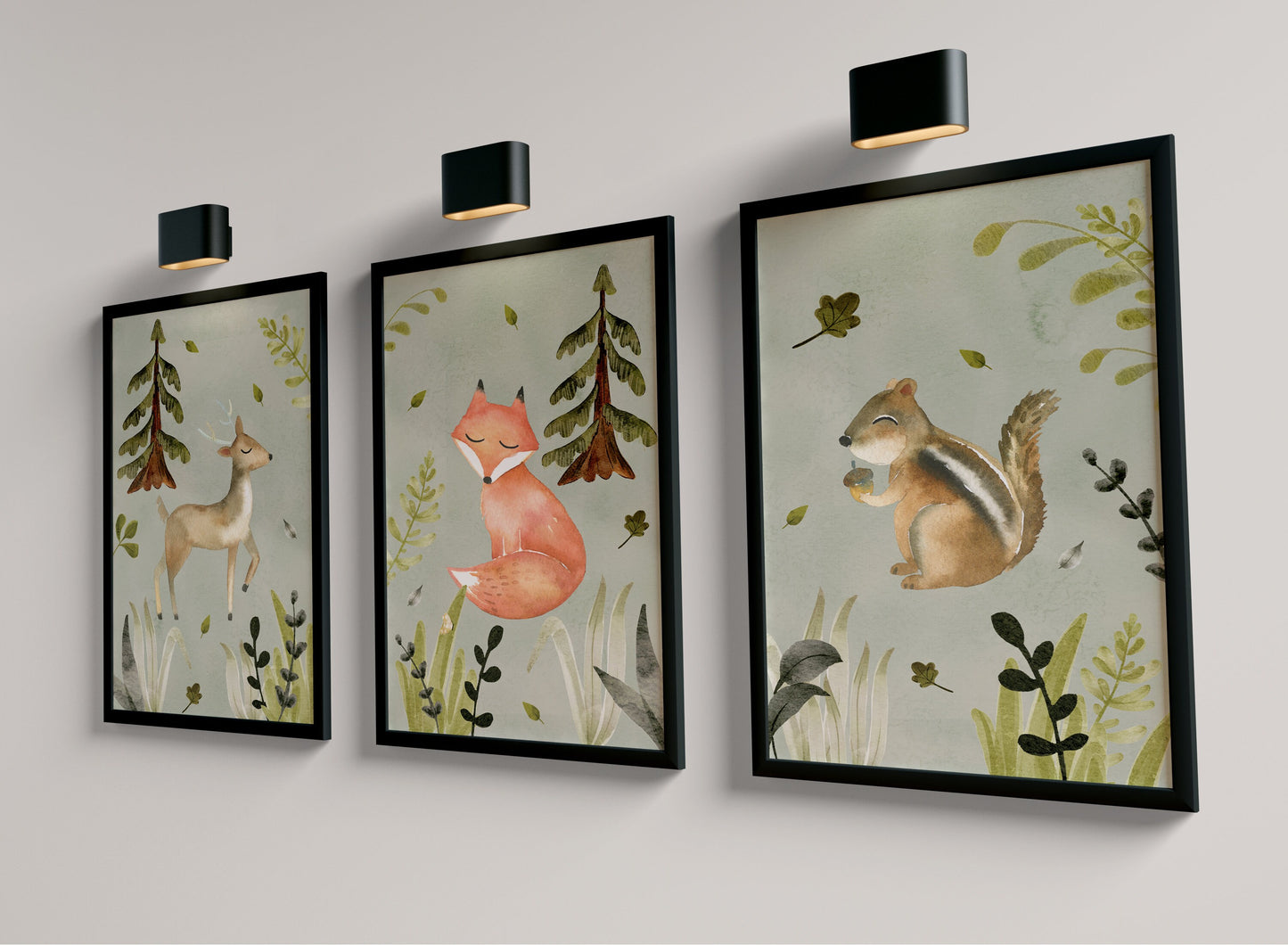 Set of 3 Green Woodland Nursery Wall Art Prints