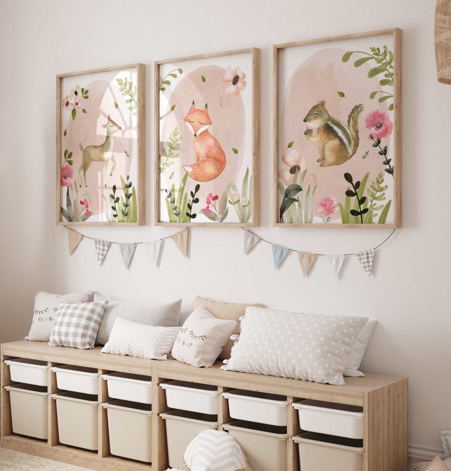 Set of 3 Pink Woodland Girls Nursery Wall Prints