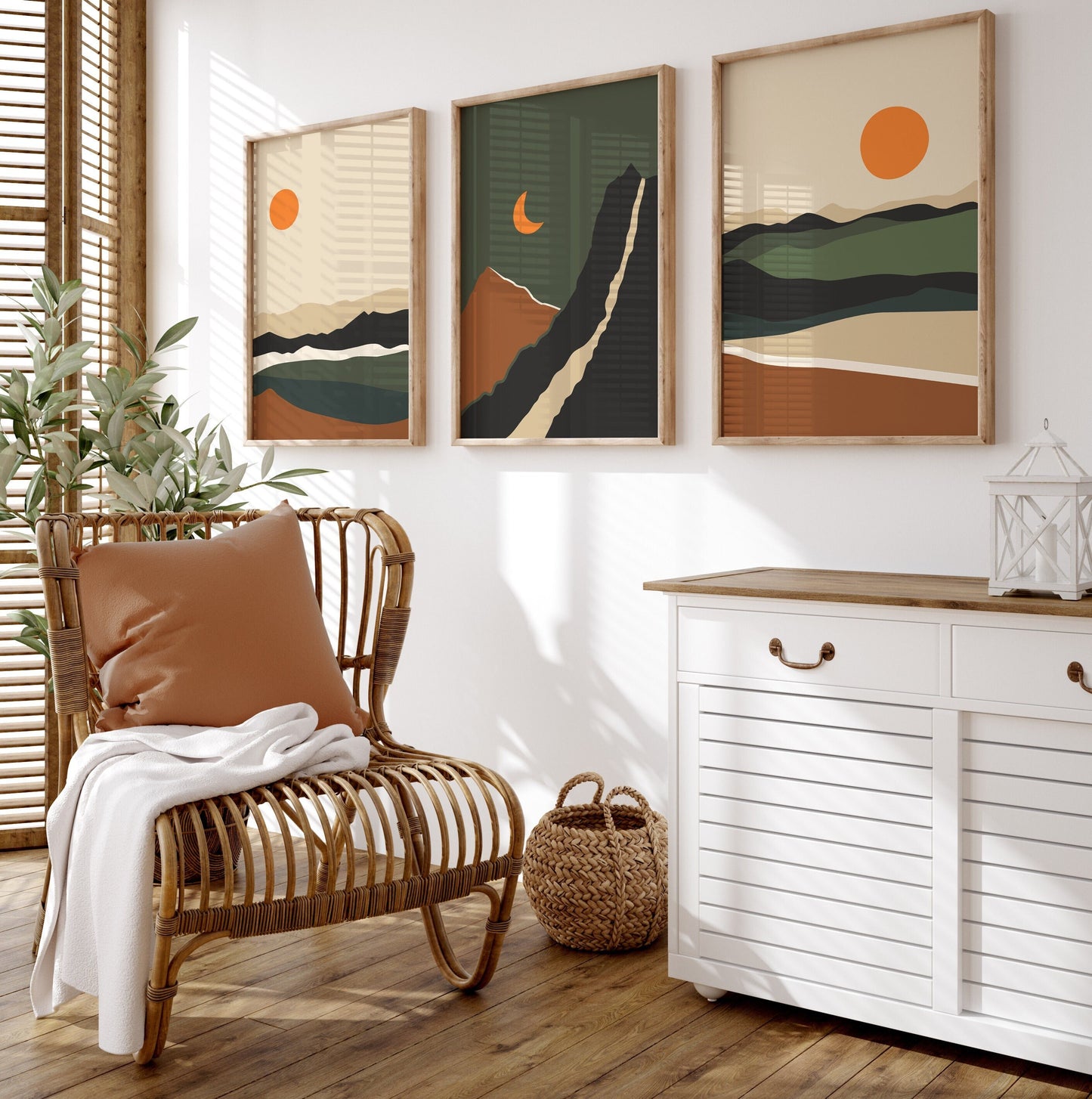 Set of 3 Green Boho Landscape Abstract Wall Prints