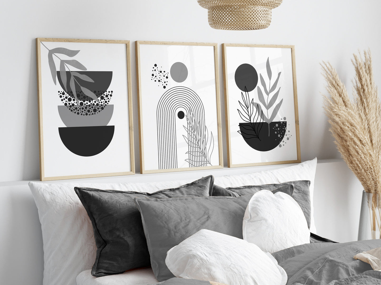 Set of 3 Grey & White Boho Wall Prints