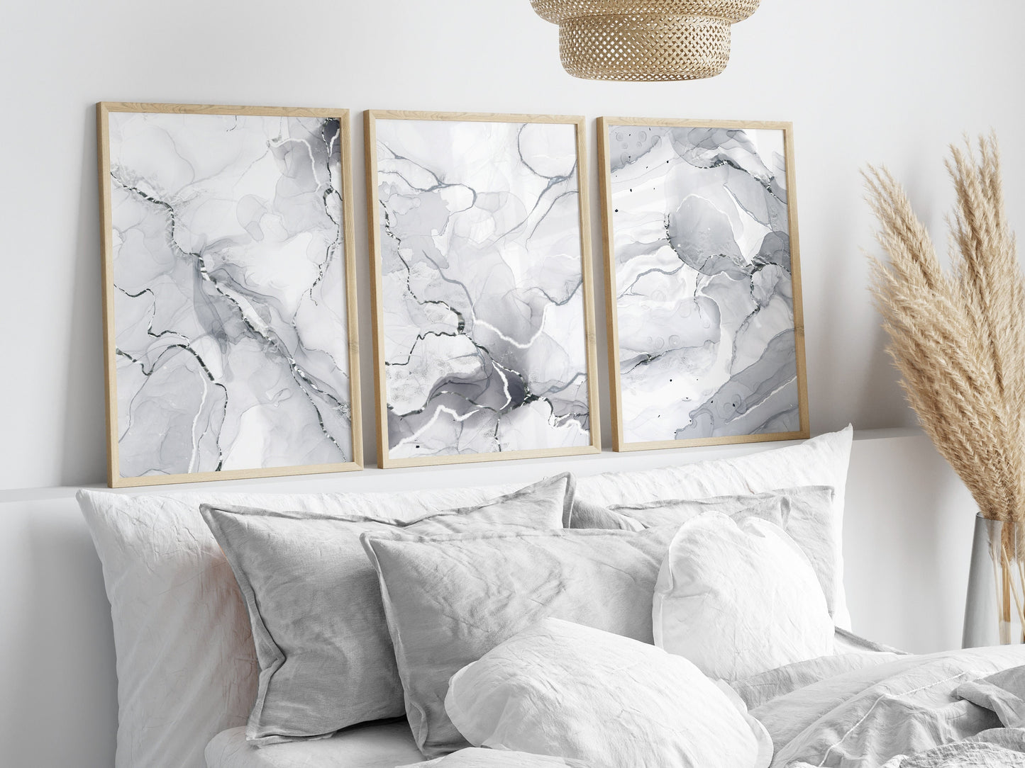 Set of 3 Grey & Silver Marble Wall Art Prints