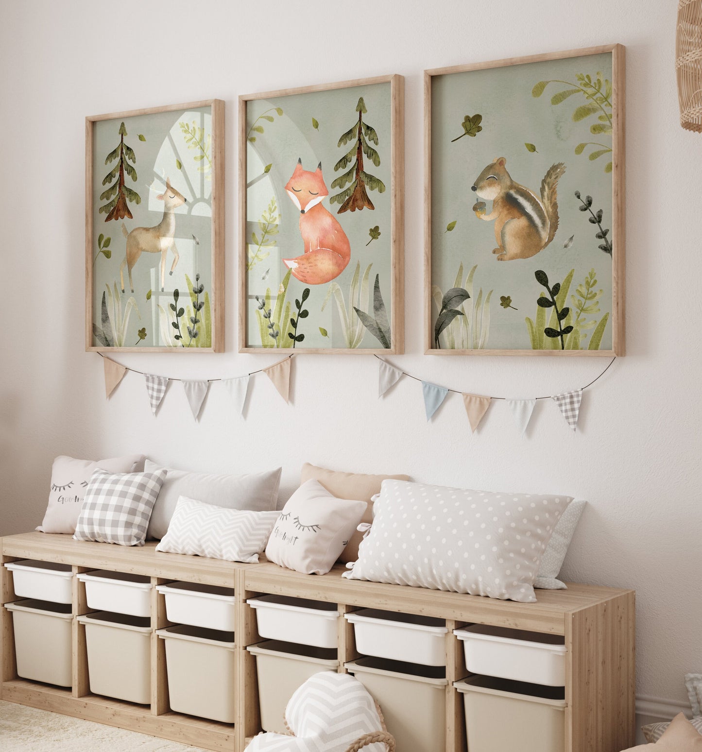 Set of 3 Green Woodland Nursery Wall Art Prints