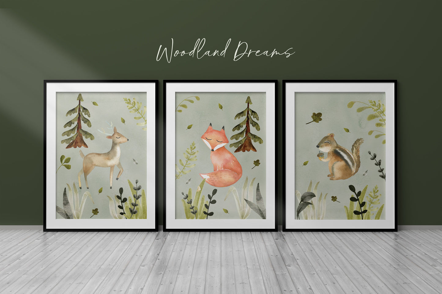 Set of 3 Green Woodland Nursery Wall Art Prints