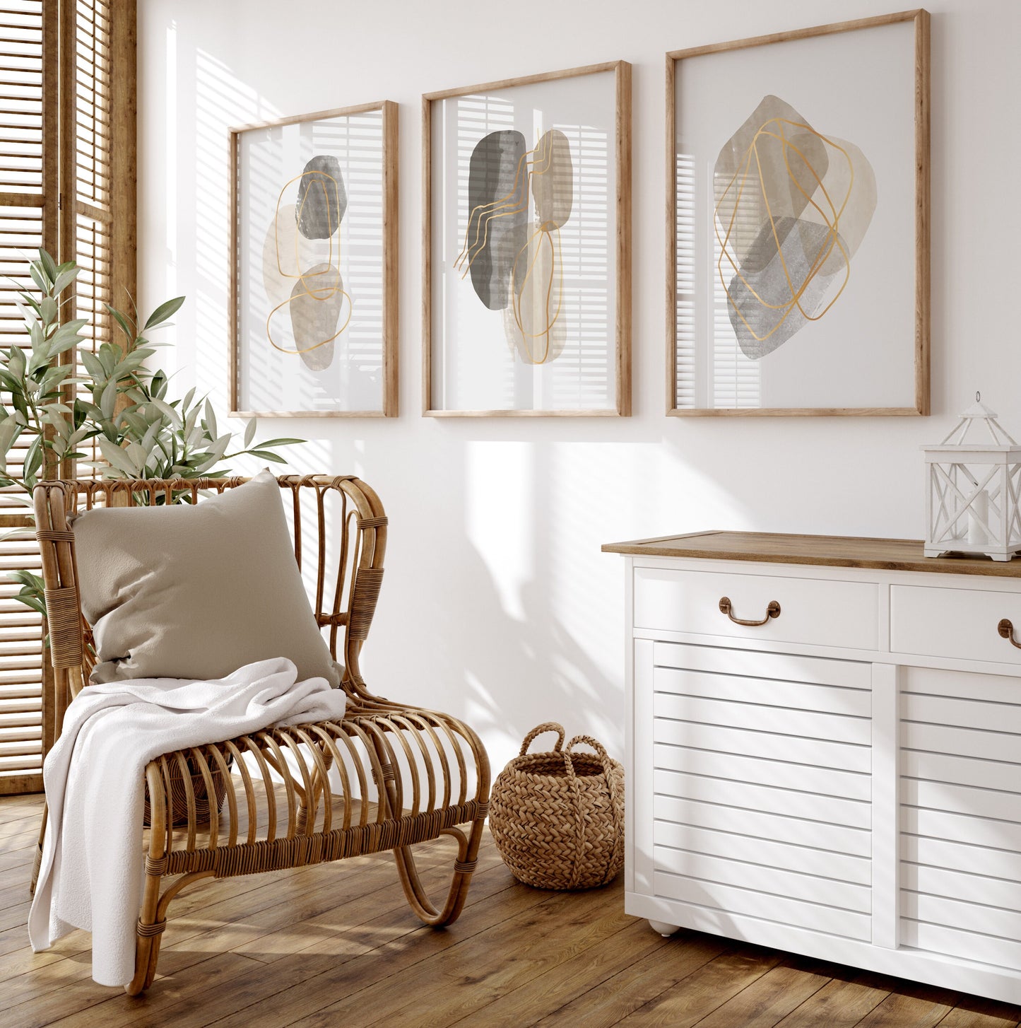 Set of 3 Modern Beige and Gold Abstract Wall Art Prints