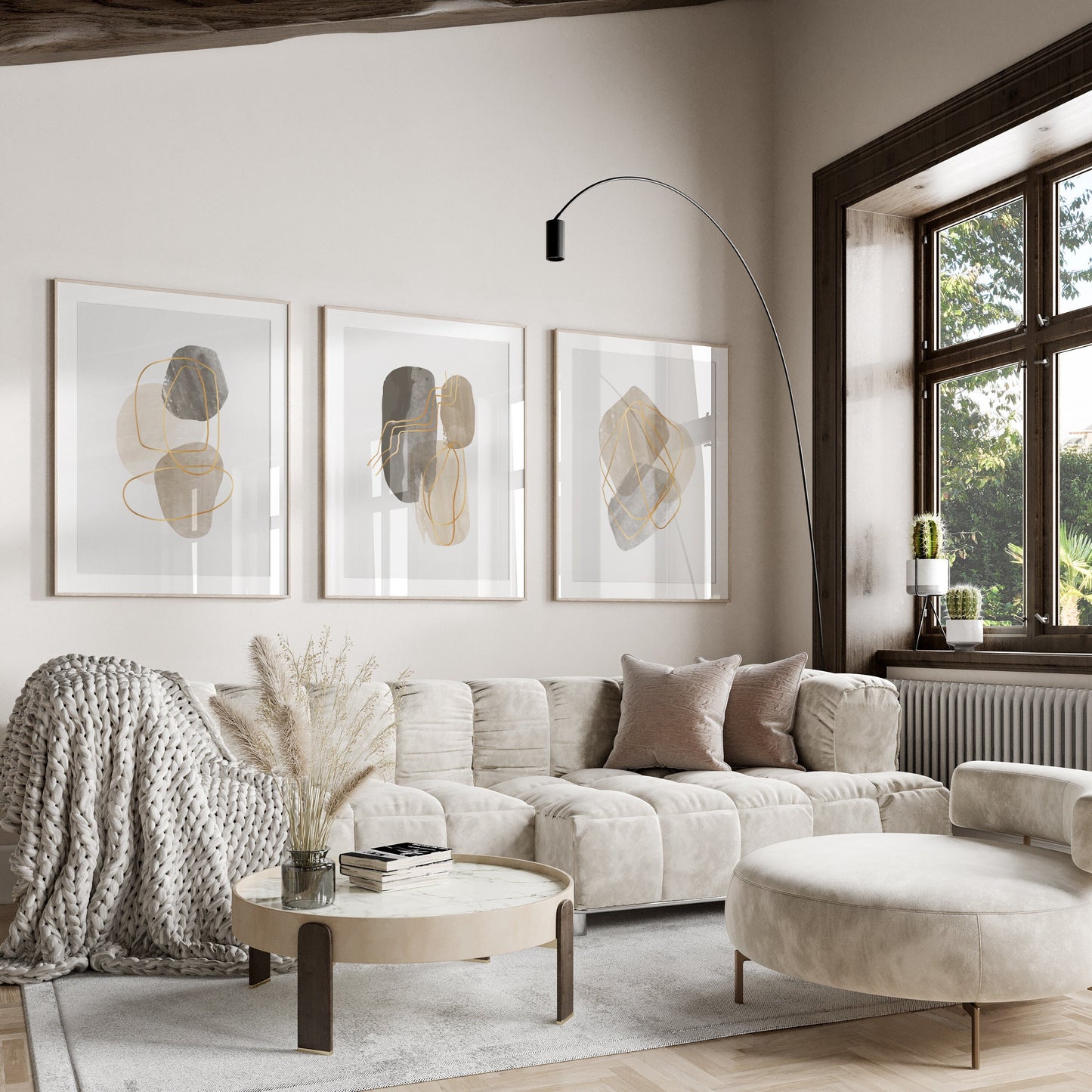 Set of 3 Modern Beige and Gold Abstract Wall Art Prints