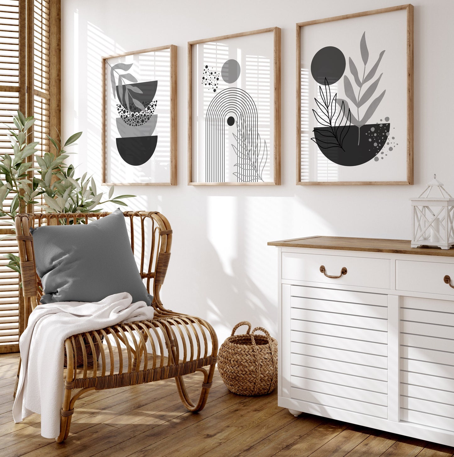 Set of 3 Grey & White Boho Wall Prints