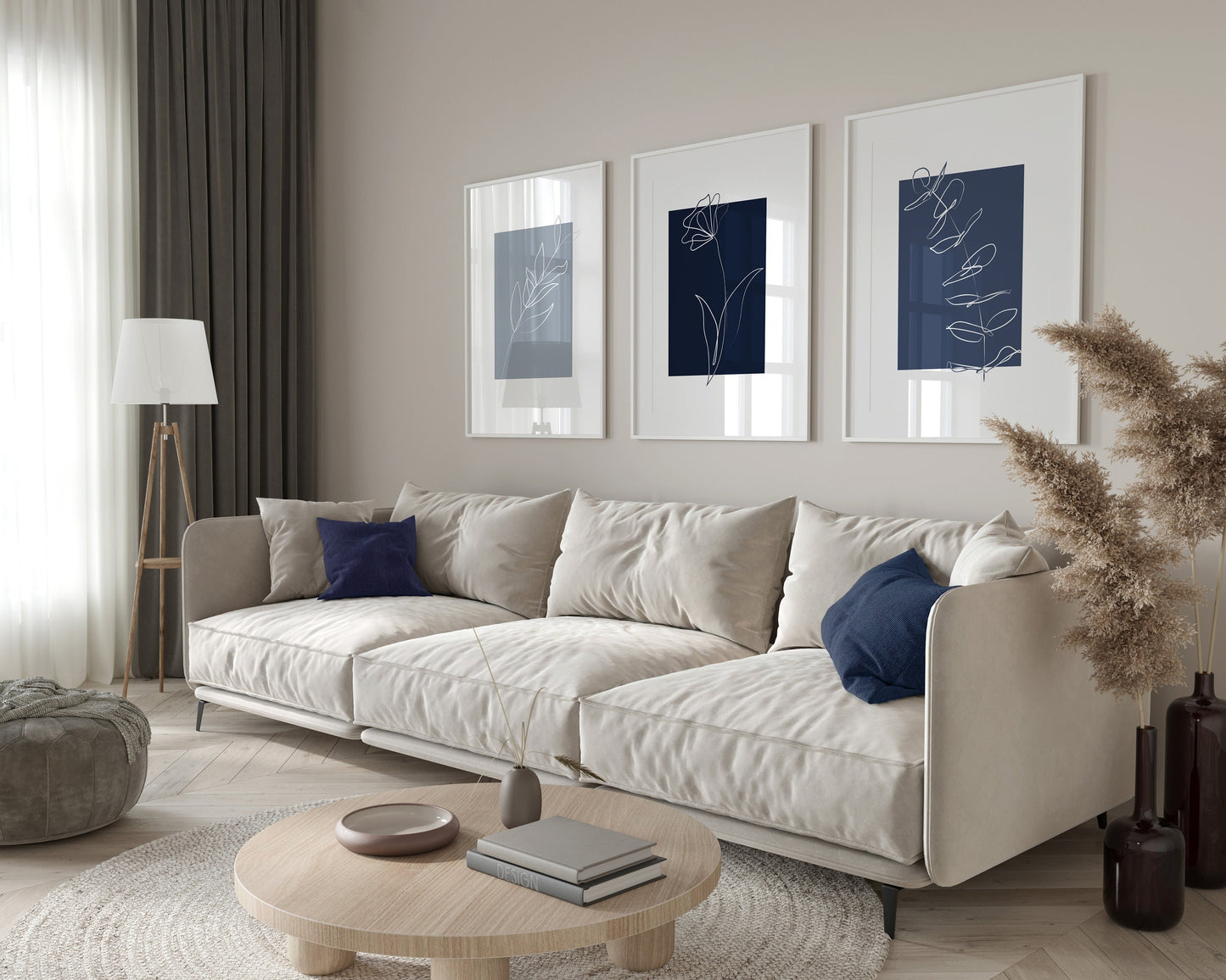 Set of 3 Blue Botanical Line Art Wall Prints