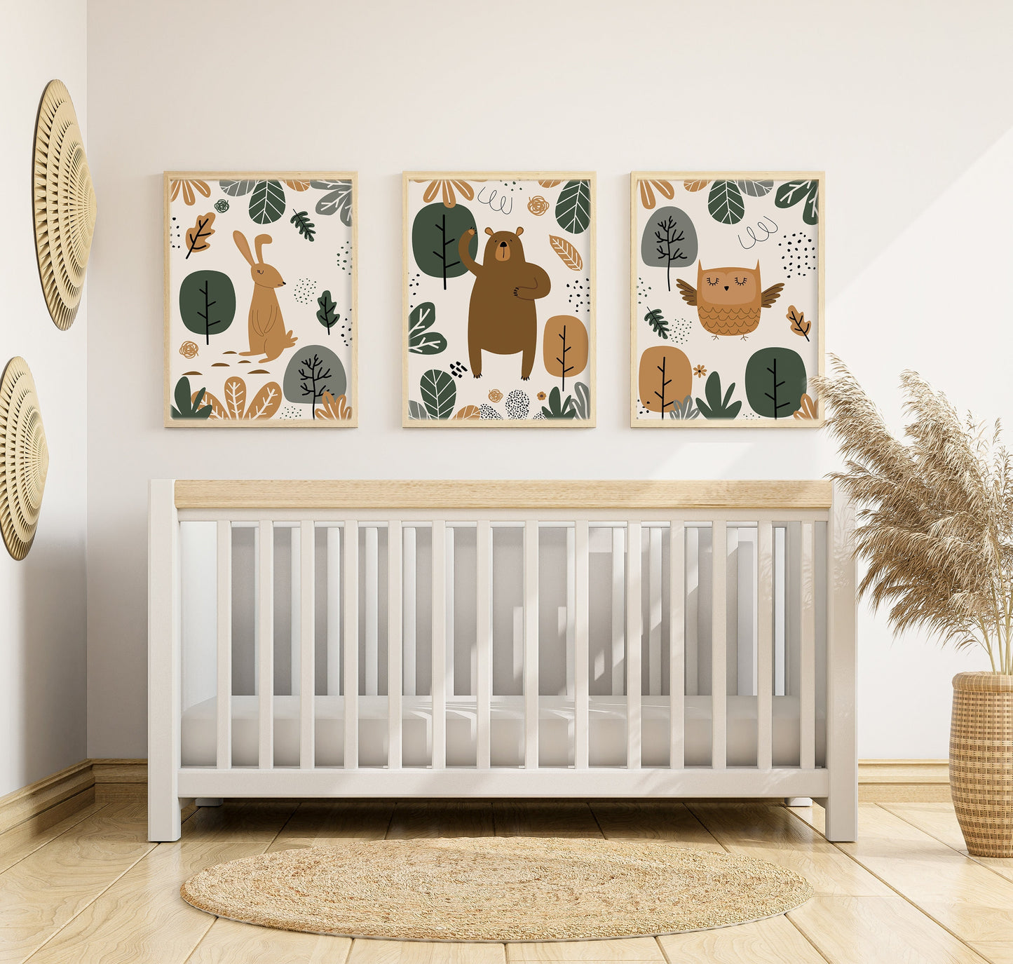 Set of 3 Green & Beige Woodland Nursery Wall Prints