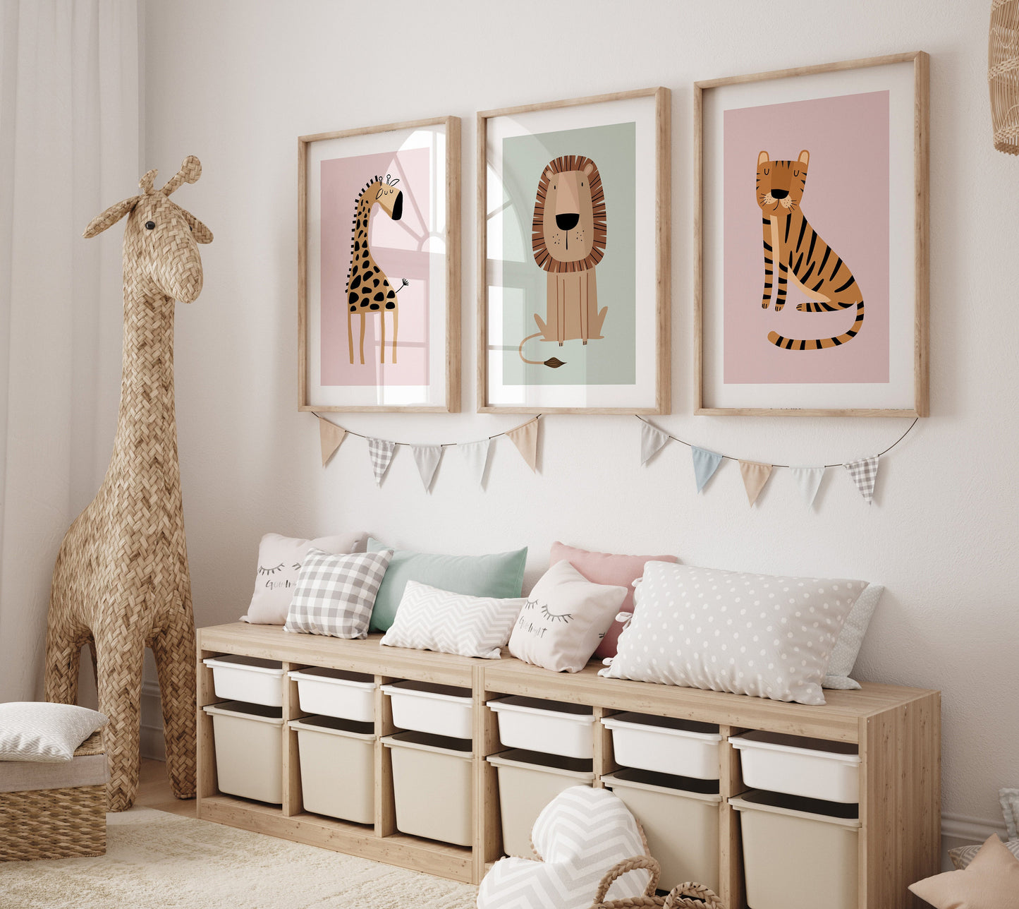 Set of 3 Girls Pink & Green Nursery Wall Art Prints