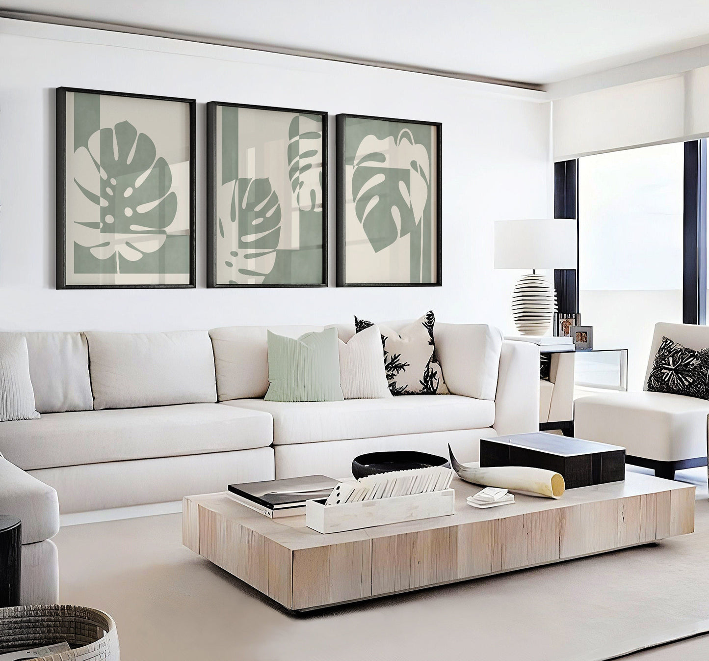 Set of 3 Sage Green Monstera Abstract Wall Prints